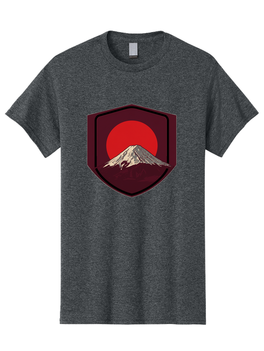 Mount-Fuji-Badge Men'S Graphic Tee, 100% Cotton, Comfortable Casual Summer Wear, Machine Washable, Mount Fuji, Japanese Mountain, Red Sun, Shield Emblem, Mountain Landscape, Japanese Culture, Iconic Symbol, Graphic Design, Red Circle Bad975
