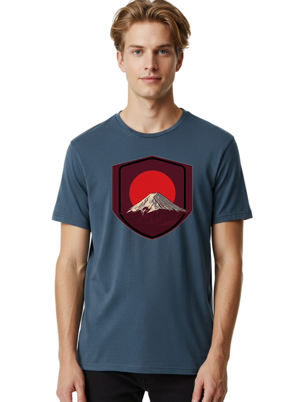 Mount-Fuji-Badge Men'S Graphic Tee, 100% Cotton, Comfortable Casual Summer Wear, Machine Washable, Mount Fuji, Japanese Mountain, Red Sun, Shield Emblem, Mountain Landscape, Japanese Culture, Iconic Symbol, Graphic Design, Red Circle Bad975