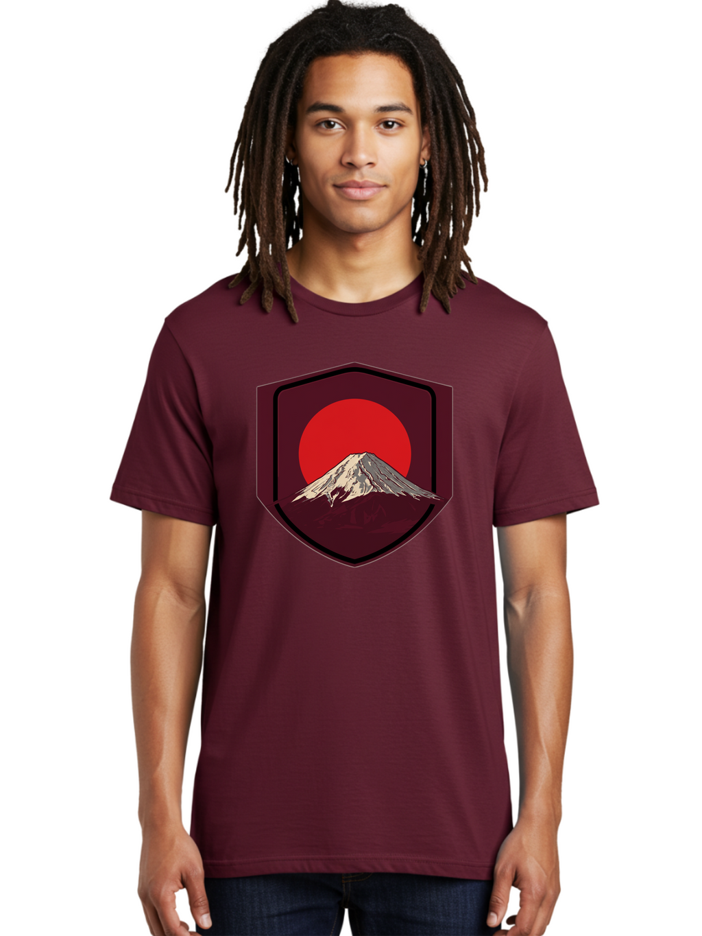 Mount-Fuji-Badge Men'S Graphic Tee, 100% Cotton, Comfortable Casual Summer Wear, Machine Washable, Mount Fuji, Japanese Mountain, Red Sun, Shield Emblem, Mountain Landscape, Japanese Culture, Iconic Symbol, Graphic Design, Red Circle Bad975