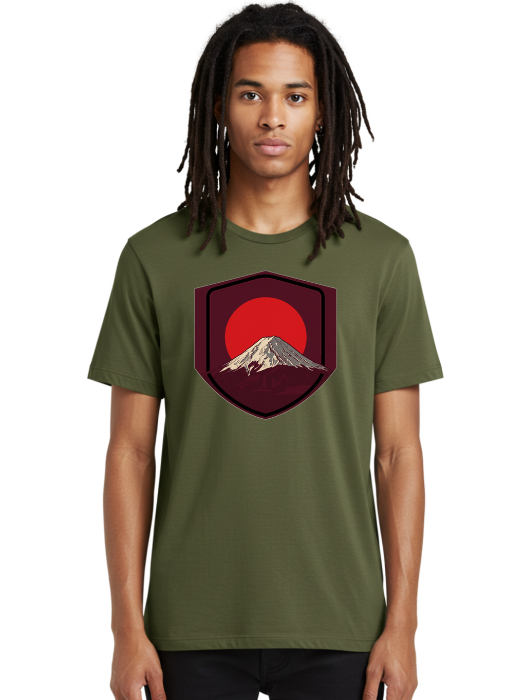 Mount-Fuji-Badge Men'S Graphic Tee, 100% Cotton, Comfortable Casual Summer Wear, Machine Washable, Mount Fuji, Japanese Mountain, Red Sun, Shield Emblem, Mountain Landscape, Japanese Culture, Iconic Symbol, Graphic Design, Red Circle Bad975