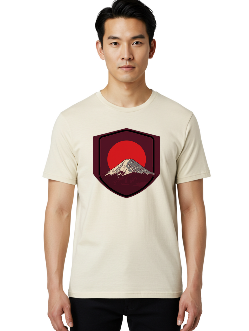 Mount-Fuji-Badge Men'S Graphic Tee, 100% Cotton, Comfortable Casual Summer Wear, Machine Washable, Mount Fuji, Japanese Mountain, Red Sun, Shield Emblem, Mountain Landscape, Japanese Culture, Iconic Symbol, Graphic Design, Red Circle Bad975