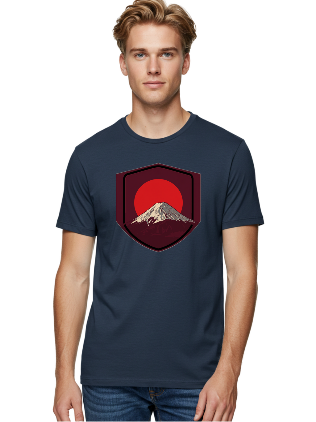 Mount-Fuji-Badge Men'S Graphic Tee, 100% Cotton, Comfortable Casual Summer Wear, Machine Washable, Mount Fuji, Japanese Mountain, Red Sun, Shield Emblem, Mountain Landscape, Japanese Culture, Iconic Symbol, Graphic Design, Red Circle Bad975