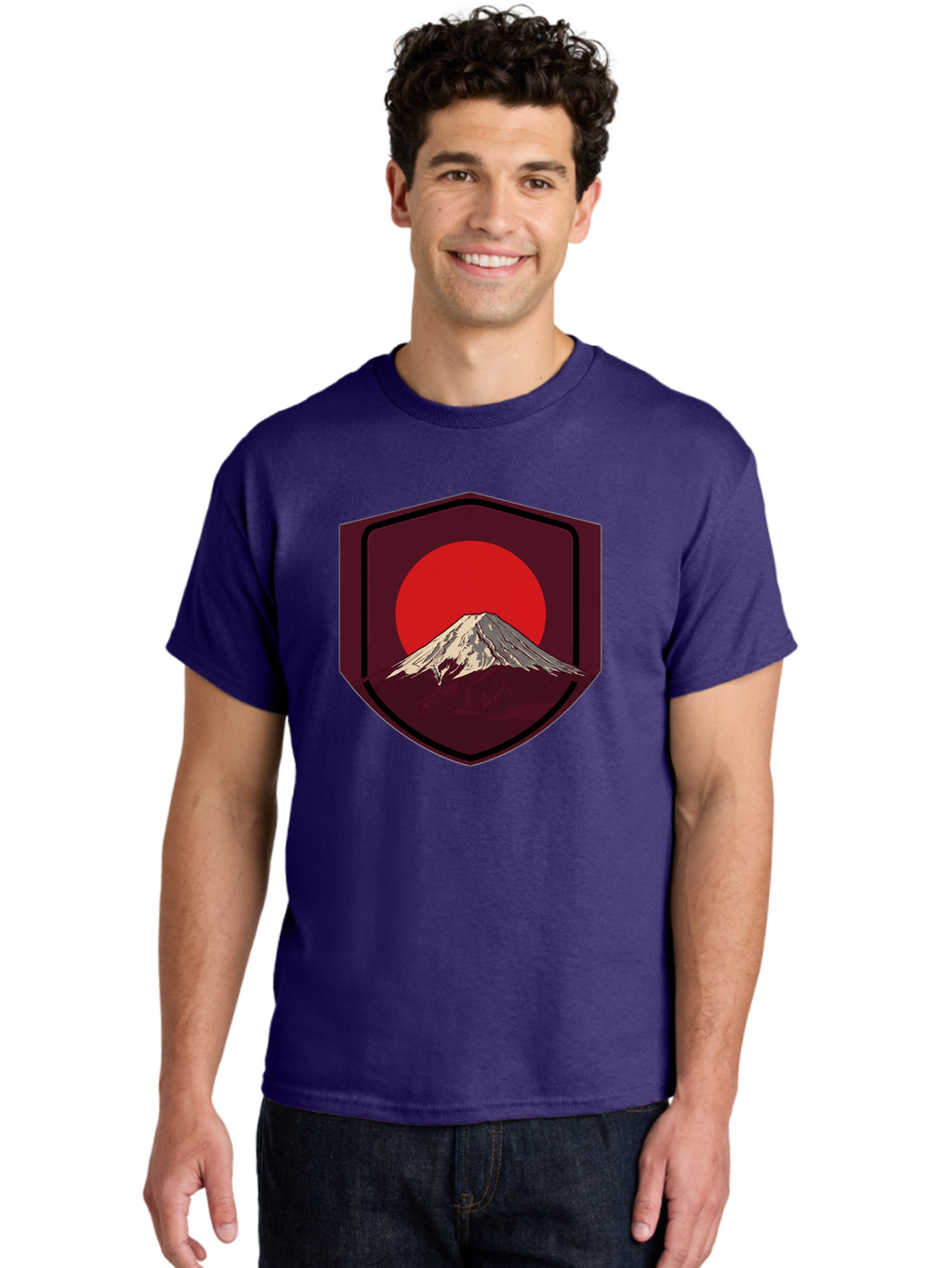 Mount-Fuji-Badge Men'S Graphic Tee, 100% Cotton, Comfortable Casual Summer Wear, Machine Washable, Mount Fuji, Japanese Mountain, Red Sun, Shield Emblem, Mountain Landscape, Japanese Culture, Iconic Symbol, Graphic Design, Red Circle Bad975