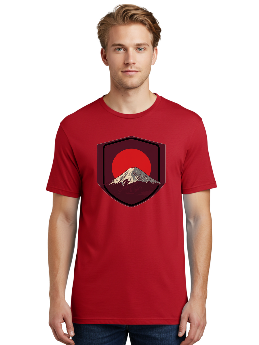 Mount-Fuji-Badge Men'S Graphic Tee, 100% Cotton, Comfortable Casual Summer Wear, Machine Washable, Mount Fuji, Japanese Mountain, Red Sun, Shield Emblem, Mountain Landscape, Japanese Culture, Iconic Symbol, Graphic Design, Red Circle Bad975