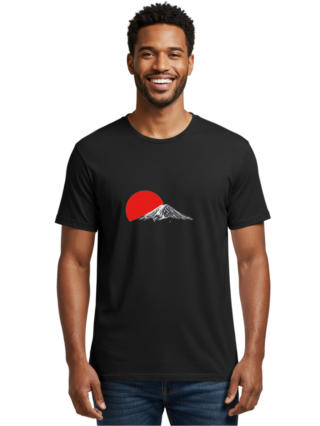 Mount-Fuji-Sunset Men'S Graphic Tee, 100% Cotton, Comfortable Casual Summer Wear, Machine Washable, Mount Fuji Landscape, Red Sun, Mountain Scenery, Serene Landscape, Japanese Culture, Iconic Landmark, Minimalist Design, Simple Art Bad976