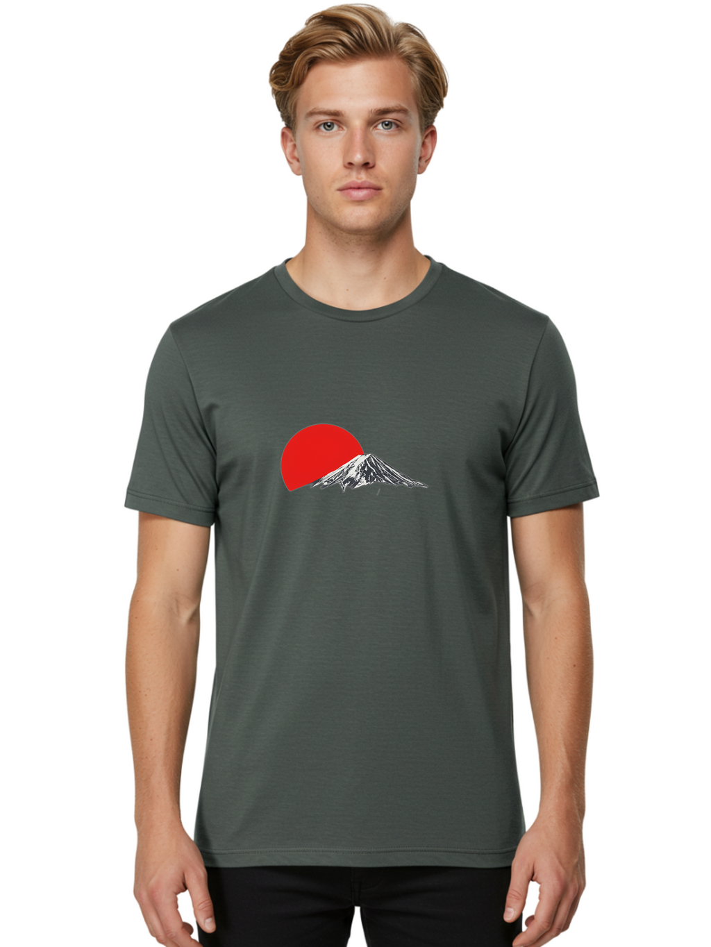 Mount-Fuji-Sunset Men'S Graphic Tee, 100% Cotton, Comfortable Casual Summer Wear, Machine Washable, Mount Fuji Landscape, Red Sun, Mountain Scenery, Serene Landscape, Japanese Culture, Iconic Landmark, Minimalist Design, Simple Art Bad976