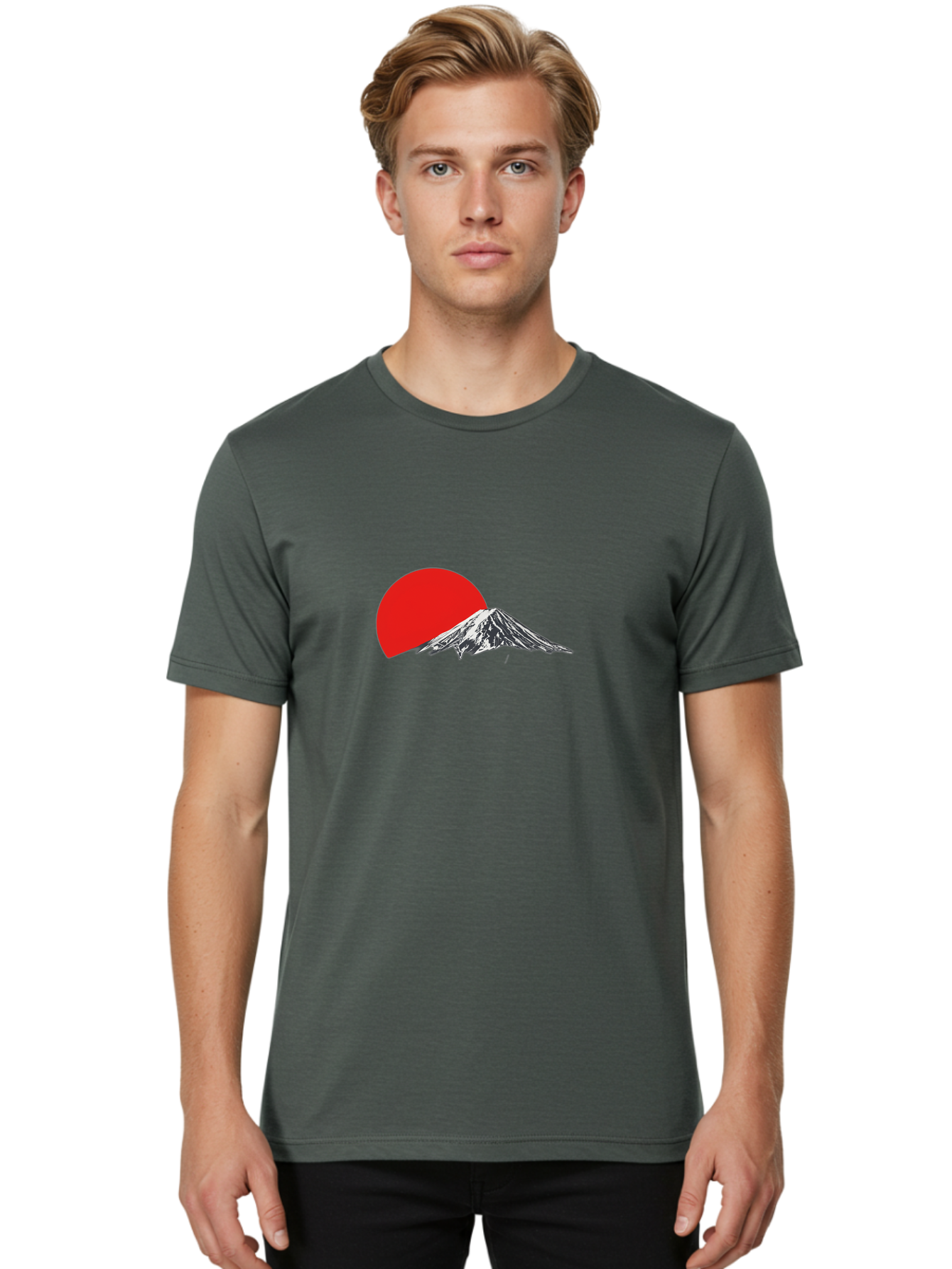 Mount-Fuji-Sunset Men'S Graphic Tee, 100% Cotton, Comfortable Casual Summer Wear, Machine Washable, Mount Fuji Landscape, Red Sun, Mountain Scenery, Serene Landscape, Japanese Culture, Iconic Landmark, Minimalist Design, Simple Art Bad976