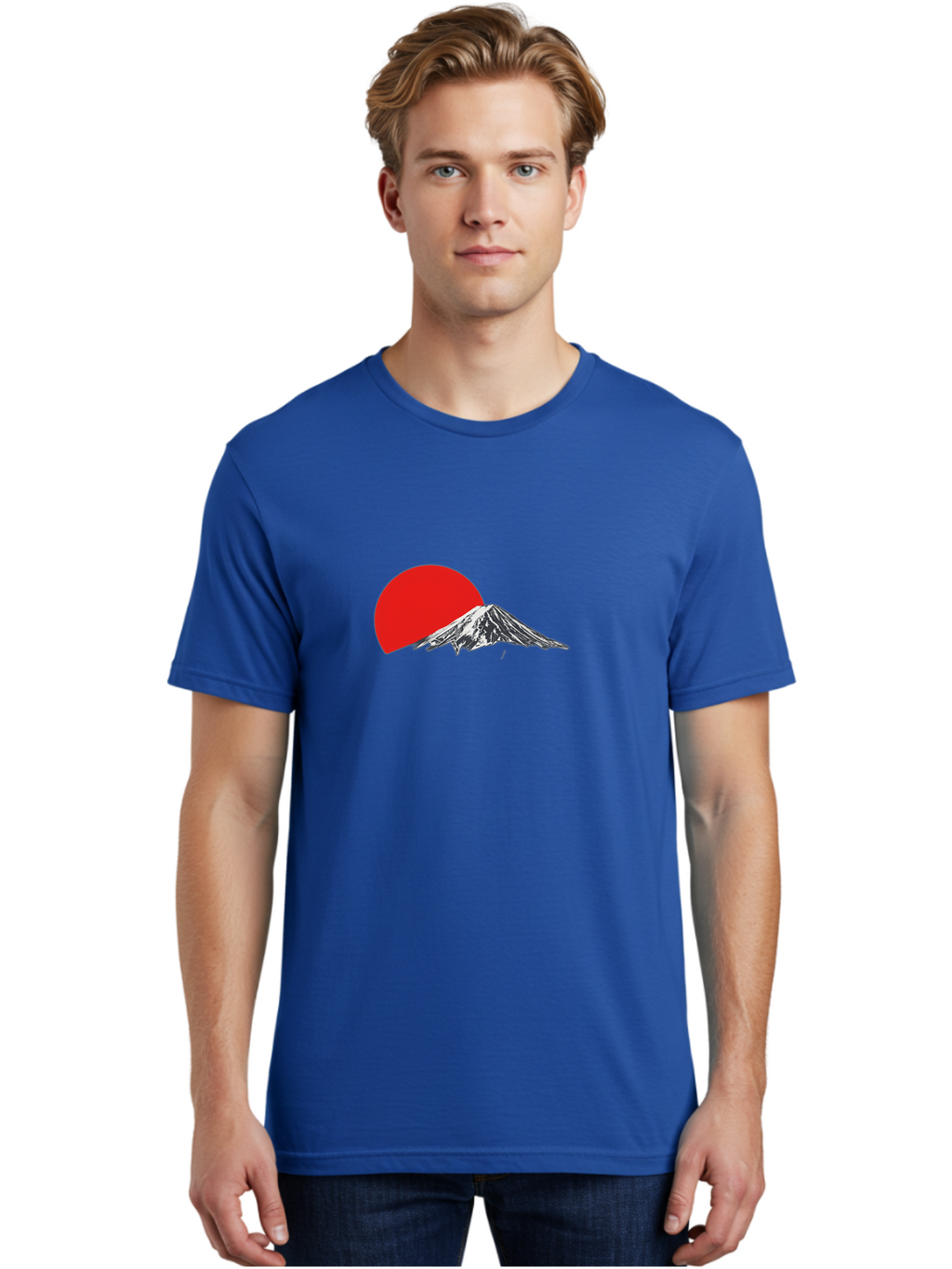 Mount-Fuji-Sunset Men'S Graphic Tee, 100% Cotton, Comfortable Casual Summer Wear, Machine Washable, Mount Fuji Landscape, Red Sun, Mountain Scenery, Serene Landscape, Japanese Culture, Iconic Landmark, Minimalist Design, Simple Art Bad976