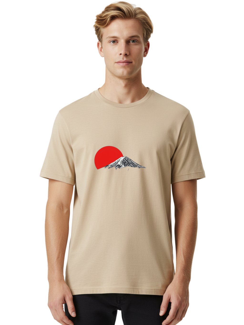 Mount-Fuji-Sunset Men'S Graphic Tee, 100% Cotton, Comfortable Casual Summer Wear, Machine Washable, Mount Fuji Landscape, Red Sun, Mountain Scenery, Serene Landscape, Japanese Culture, Iconic Landmark, Minimalist Design, Simple Art Bad976