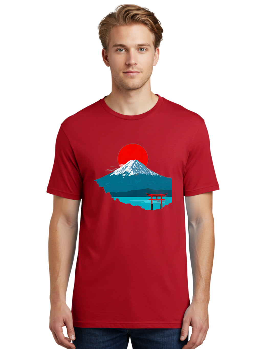 Mount-Fuji-Torii Men'S Graphic Tee, 100% Cotton, Comfortable Casual Summer Wear, Machine Washable, Mount Fuji Landscape, Japanese Scenery, Torii Gate, Red Sun, Serene Lake, Snowy Mountain, Traditional Japan, Vibrant Colors, Iconic Landmarks, Bad977