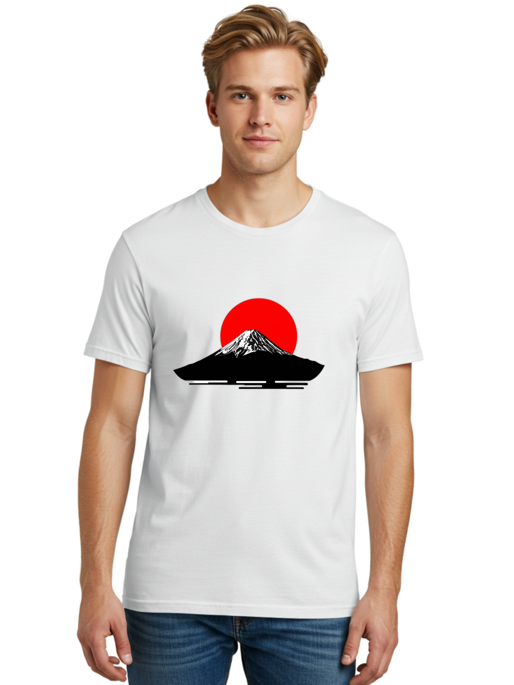 Mount-Fuji Men'S Graphic Tee, 100% Cotton, Comfortable Casual Summer Wear, Machine Washable, Mount Fuji Landscape, Red Sun, Minimalist Design, Iconic Mountain, Japanese Scenery, Striking Silhouette, Simple Shapes, Bold Colors Bad978