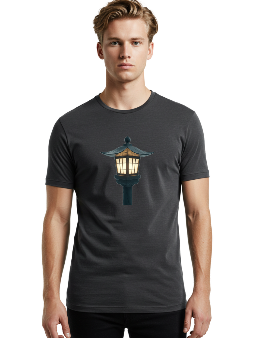 Pagoda-Lamp-Post Men'S Graphic Tee, 100% Cotton, Comfortable Casual Summer Wear, Machine Washable, Outdoor Lamp, Garden Light, Pagoda Style, Black Metal, Decorative Lantern, Soft Glow, Warm Lighting, Elegant Design, Traditional Architecture Bad979
