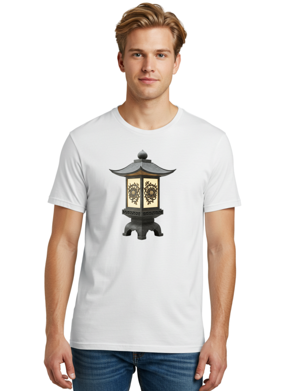 Pagoda-Lantern Men'S Graphic Tee, 100% Cotton, Comfortable Casual Summer Wear, Machine Washable, Outdoor Lantern, Asian-Inspired Decor, Decorative Metalwork, Intricate Designs, Traditional Pagoda-Style Roof, Ambient Lighting, Garden Decor, Bad981