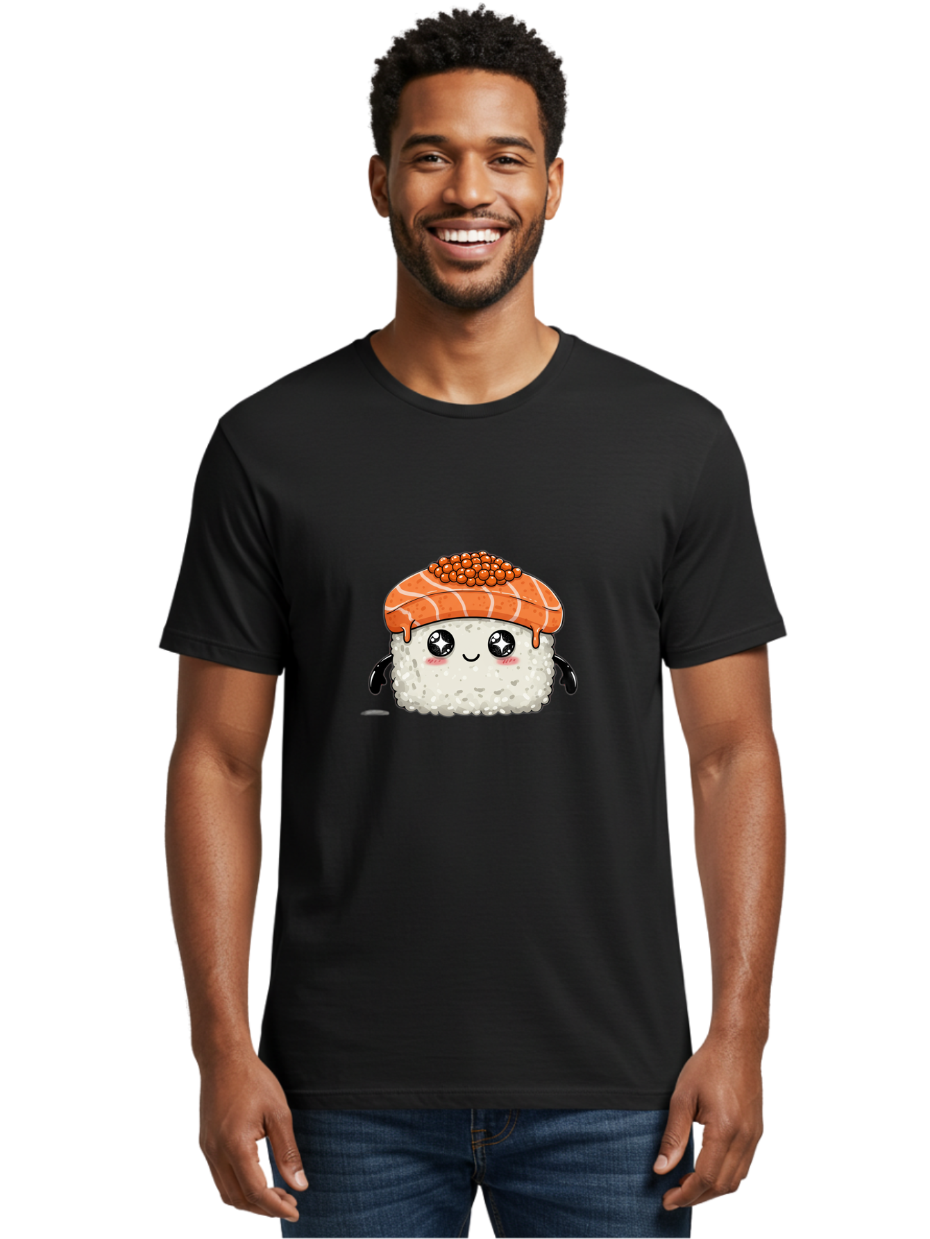 Salmon-Sushi-1 Men'S Graphic Tee, 100% Cotton, Comfortable Casual Summer Wear, Machine Washable, Cartoon Sushi, Sushi Character, Salmon Roe Sushi, Cute Food, Anime Style, Kawaii Food, Sushi Art, Japanese Cuisine, Sushi Illustration, Foodie Art Bad983