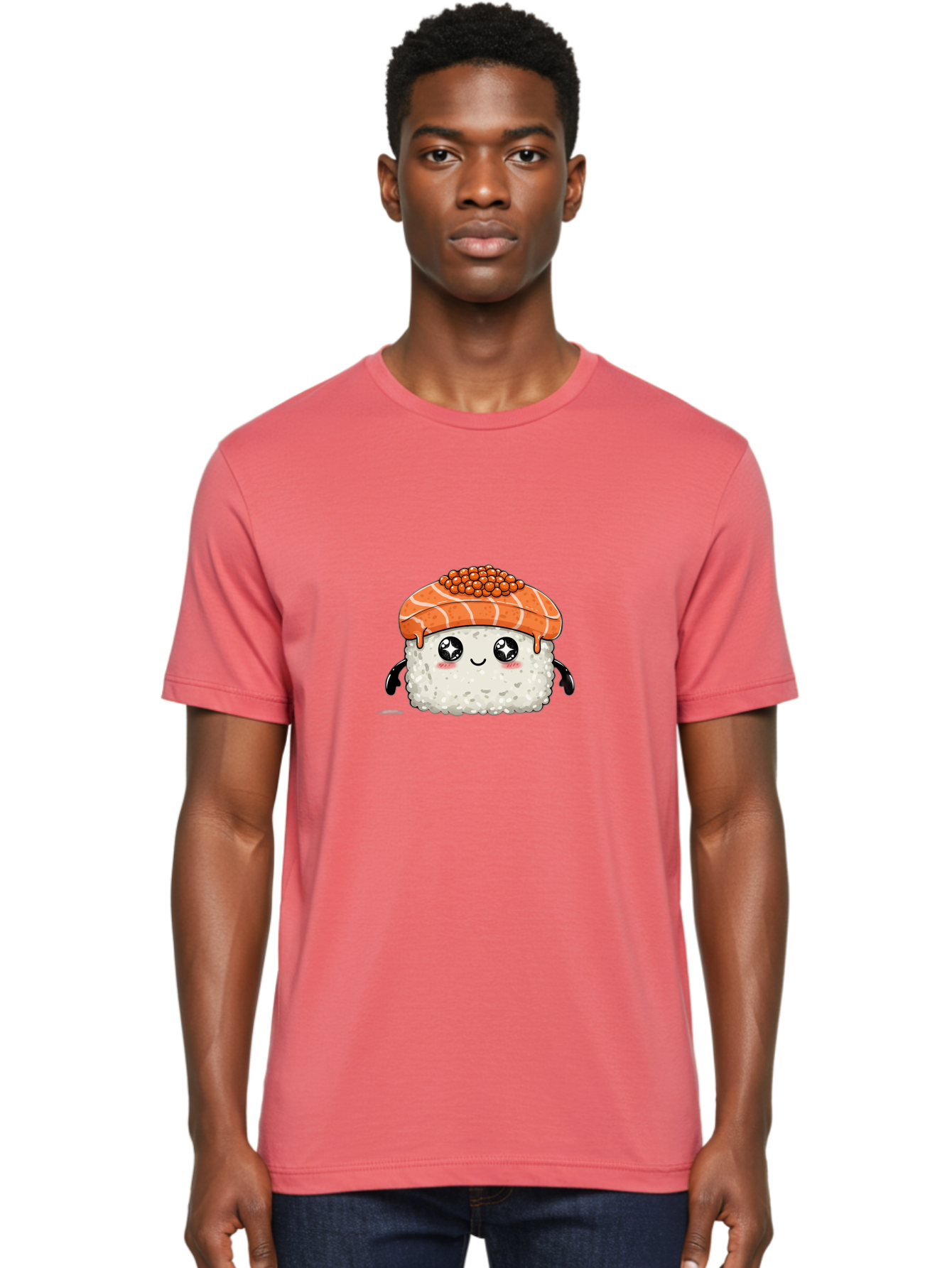 Salmon-Sushi-1 Men'S Graphic Tee, 100% Cotton, Comfortable Casual Summer Wear, Machine Washable, Cartoon Sushi, Sushi Character, Salmon Roe Sushi, Cute Food, Anime Style, Kawaii Food, Sushi Art, Japanese Cuisine, Sushi Illustration, Foodie Art Bad983