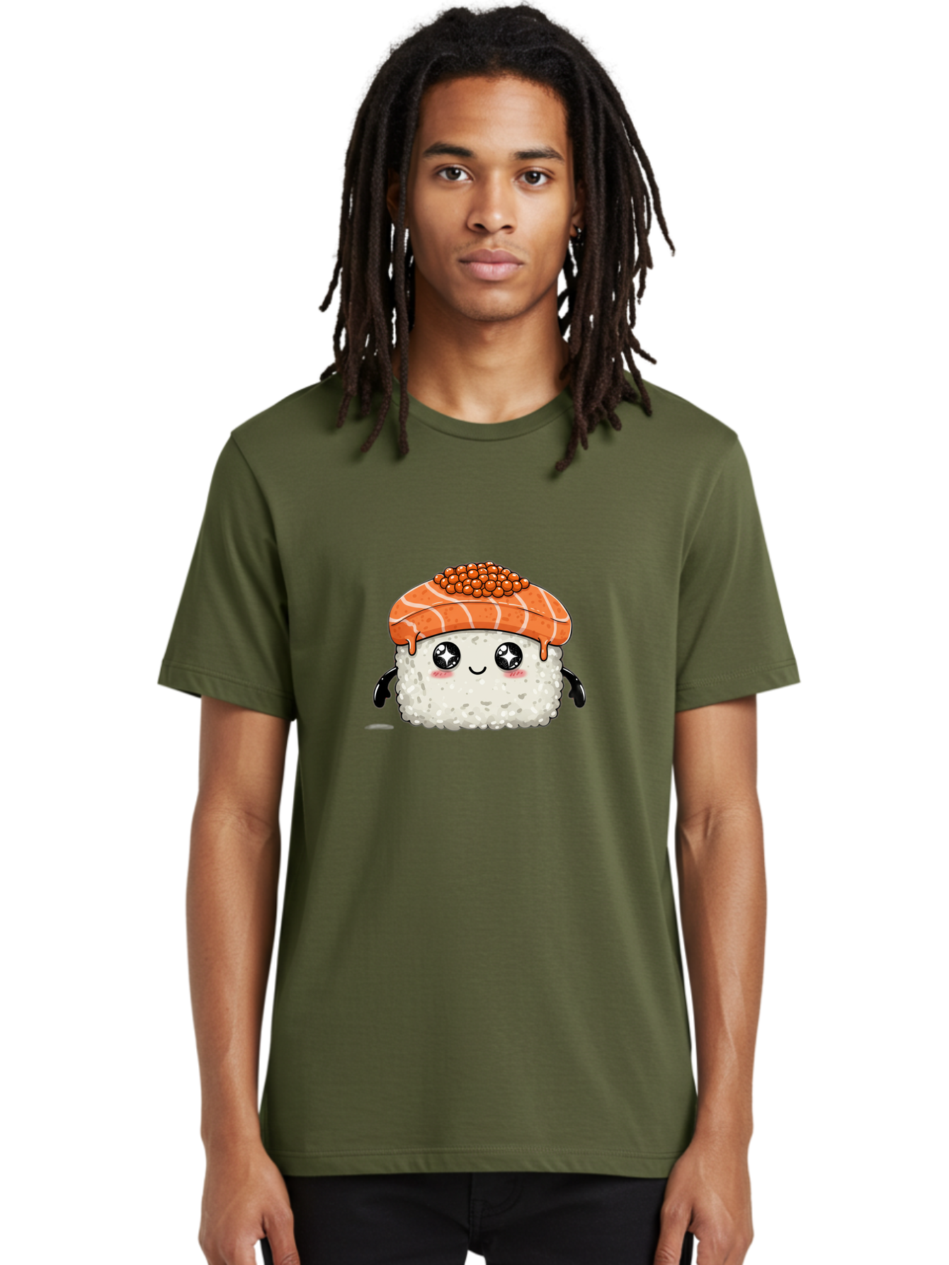 Salmon-Sushi-1 Men'S Graphic Tee, 100% Cotton, Comfortable Casual Summer Wear, Machine Washable, Cartoon Sushi, Sushi Character, Salmon Roe Sushi, Cute Food, Anime Style, Kawaii Food, Sushi Art, Japanese Cuisine, Sushi Illustration, Foodie Art Bad983
