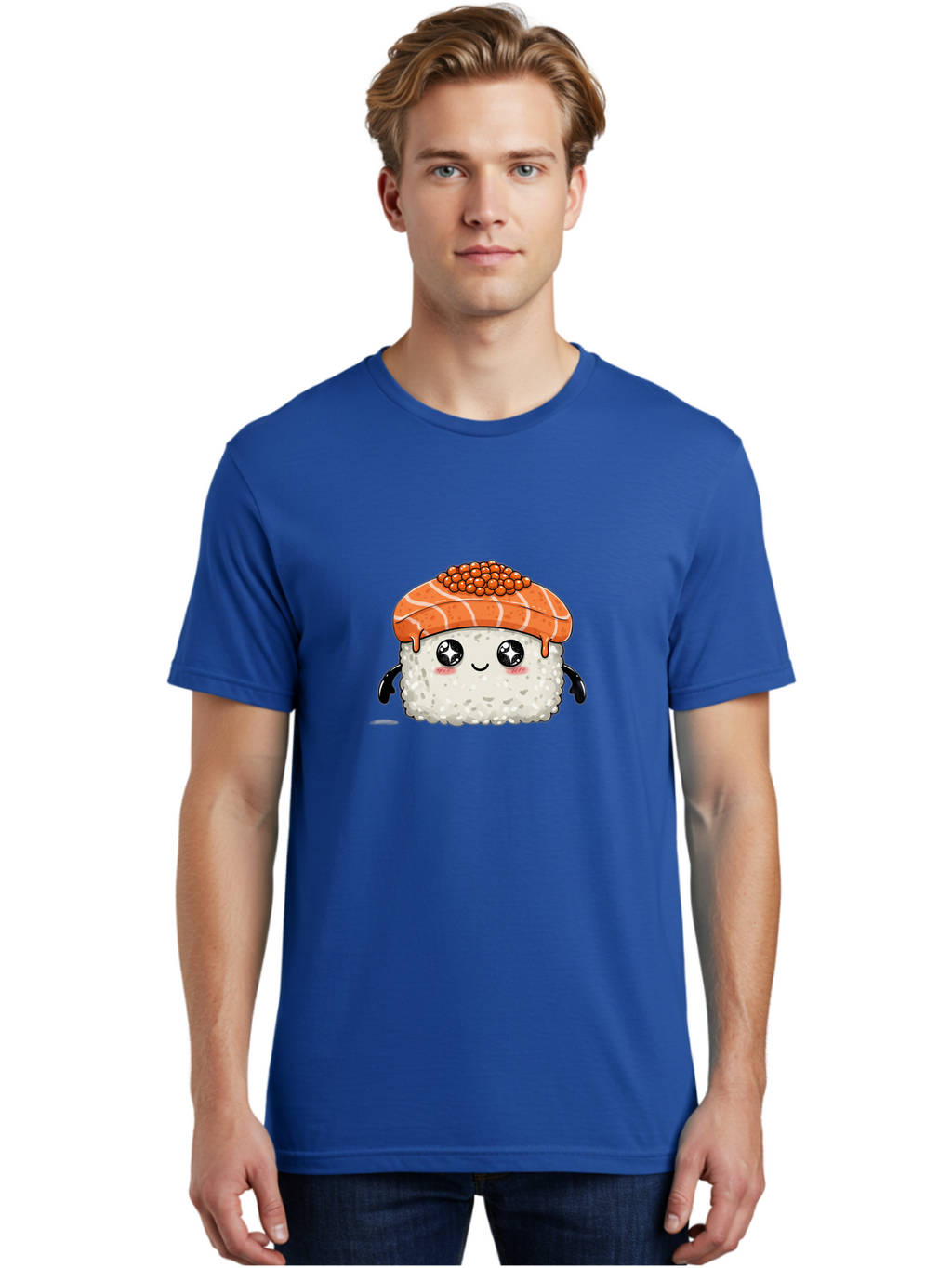 Salmon-Sushi-1 Men'S Graphic Tee, 100% Cotton, Comfortable Casual Summer Wear, Machine Washable, Cartoon Sushi, Sushi Character, Salmon Roe Sushi, Cute Food, Anime Style, Kawaii Food, Sushi Art, Japanese Cuisine, Sushi Illustration, Foodie Art Bad983