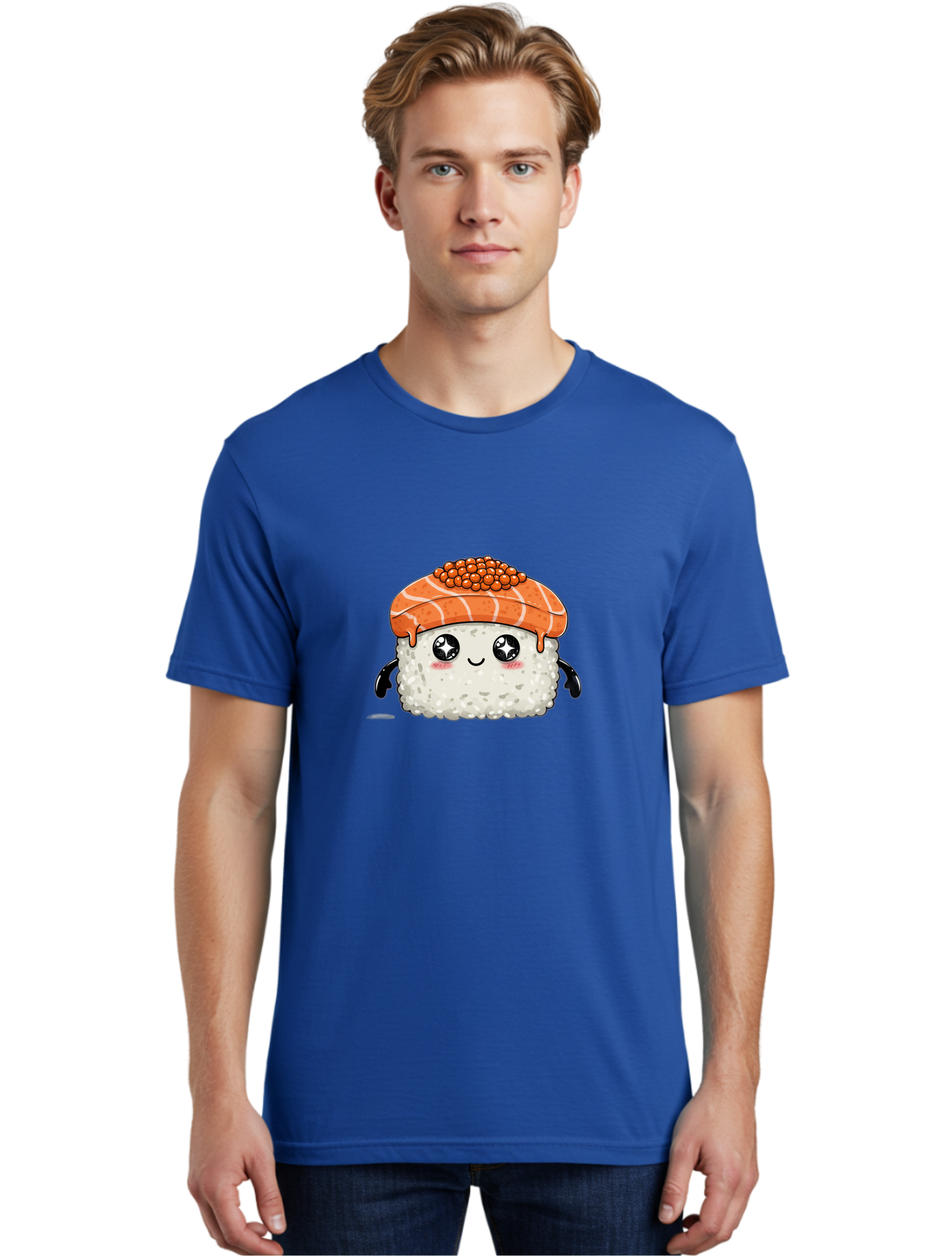 Salmon-Sushi-1 Men'S Graphic Tee, 100% Cotton, Comfortable Casual Summer Wear, Machine Washable, Cartoon Sushi, Sushi Character, Salmon Roe Sushi, Cute Food, Anime Style, Kawaii Food, Sushi Art, Japanese Cuisine, Sushi Illustration, Foodie Art Bad983