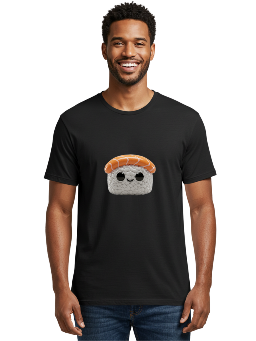 Salmon-Sushi-2 Men'S Graphic Tee, 100% Cotton, Comfortable Casual Summer Wear, Machine Washable, Kawaii Sushi, Cute Cartoon Food, Sushi Character, Japanese Cuisine, Adorable Plush Toy, Smiling Sushi, Orange Salmon Topping, White Rice, Bad984