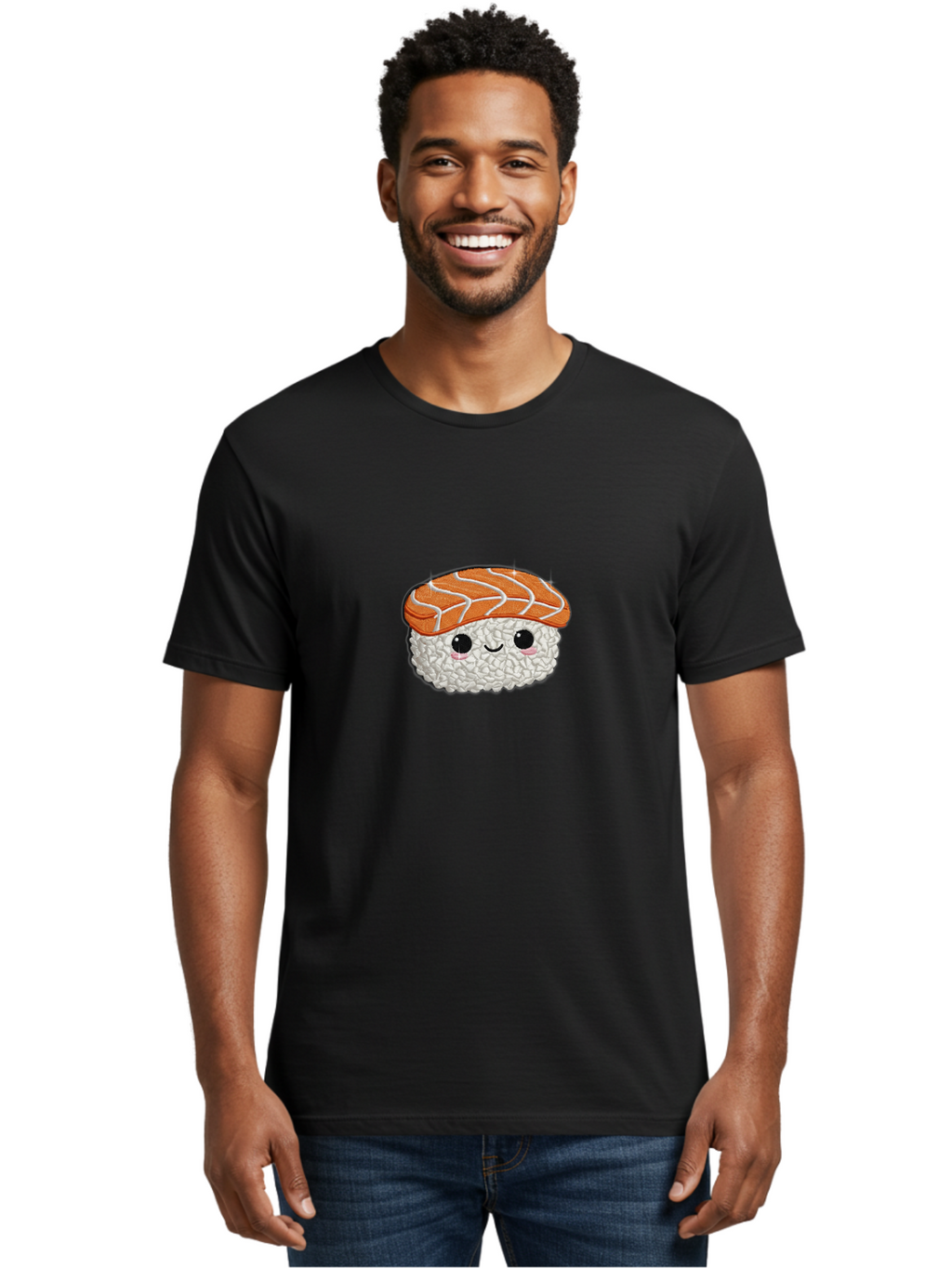 Salmon-Sushi-3 Men'S Graphic Tee, 100% Cotton, Comfortable Casual Summer Wear, Machine Washable, Cartoon Sushi, Kawaii Food, Japanese Cuisine, Salmon Sushi, Cute Emoji, Sushi Illustration, Adorable Character Bad985