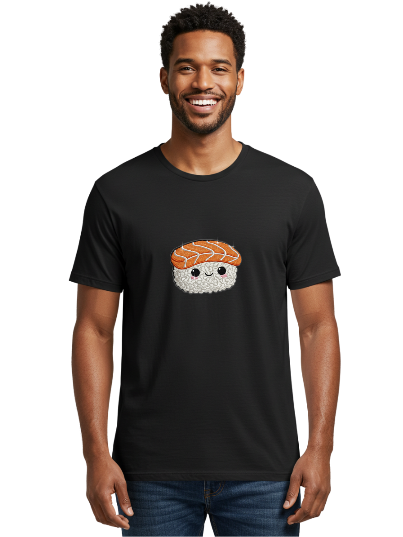Salmon-Sushi-3 Men'S Graphic Tee, 100% Cotton, Comfortable Casual Summer Wear, Machine Washable, Cartoon Sushi, Kawaii Food, Japanese Cuisine, Salmon Sushi, Cute Emoji, Sushi Illustration, Adorable Character Bad985