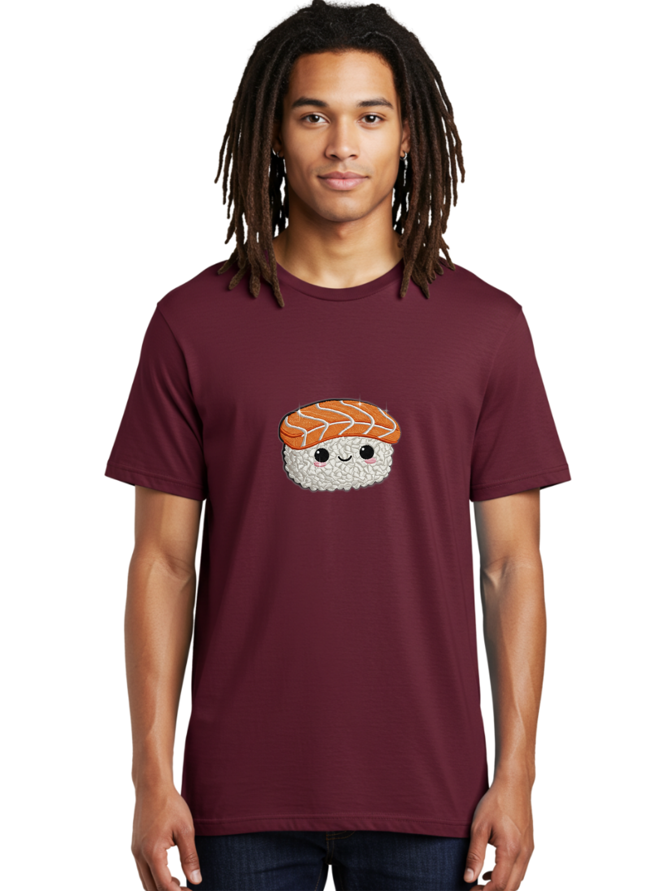 Salmon-Sushi-3 Men'S Graphic Tee, 100% Cotton, Comfortable Casual Summer Wear, Machine Washable, Cartoon Sushi, Kawaii Food, Japanese Cuisine, Salmon Sushi, Cute Emoji, Sushi Illustration, Adorable Character Bad985
