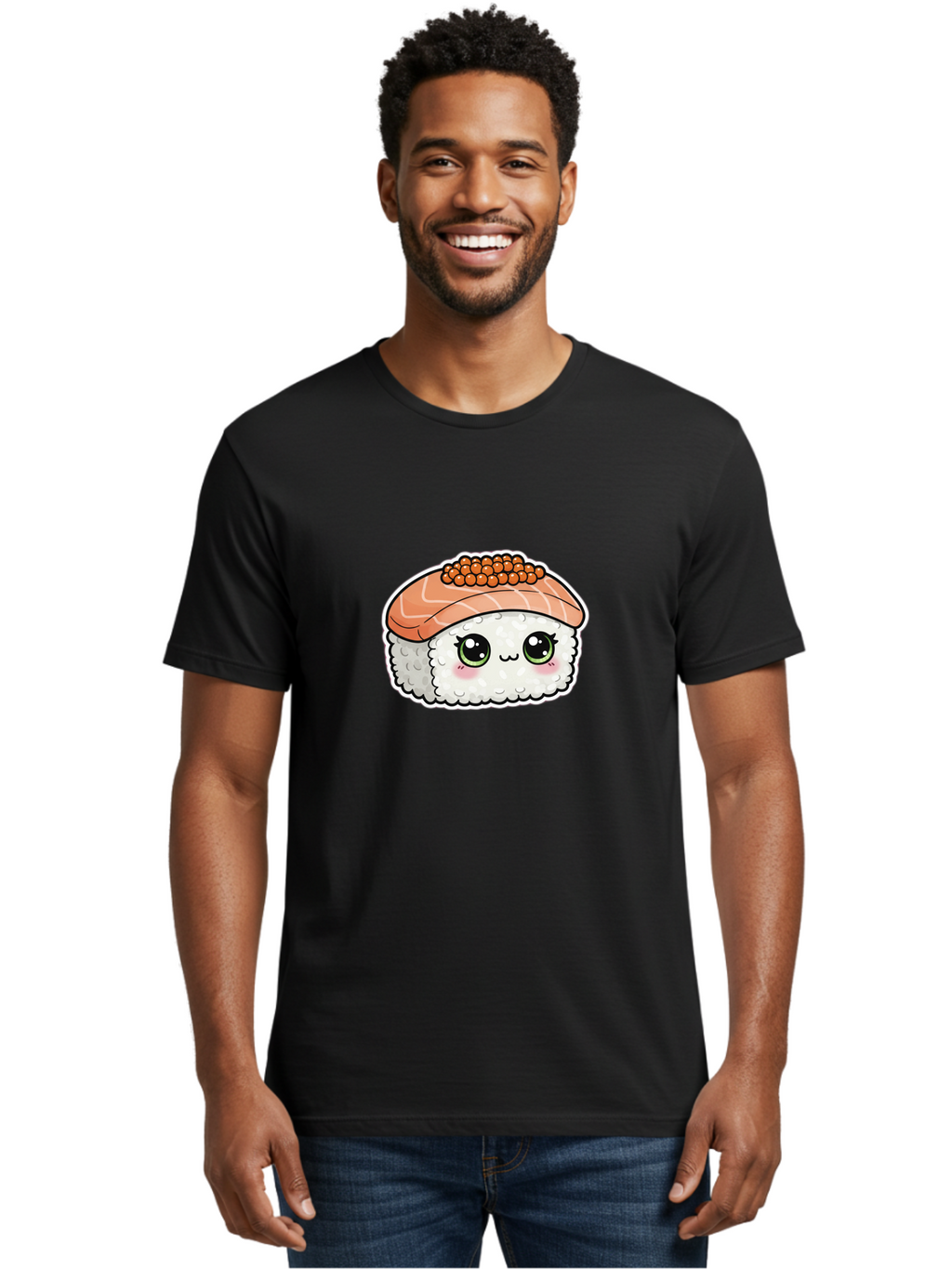 Salmon-Sushi-4 Men'S Graphic Tee, 100% Cotton, Comfortable Casual Summer Wear, Machine Washable, Kawaii Sushi, Cartoon Food, Caviar Sushi Roll, Japanese Cuisine, White Rice, Salmon Sashimi, Orange Caviar, Cute Illustration, Kawaii Food, Bad986