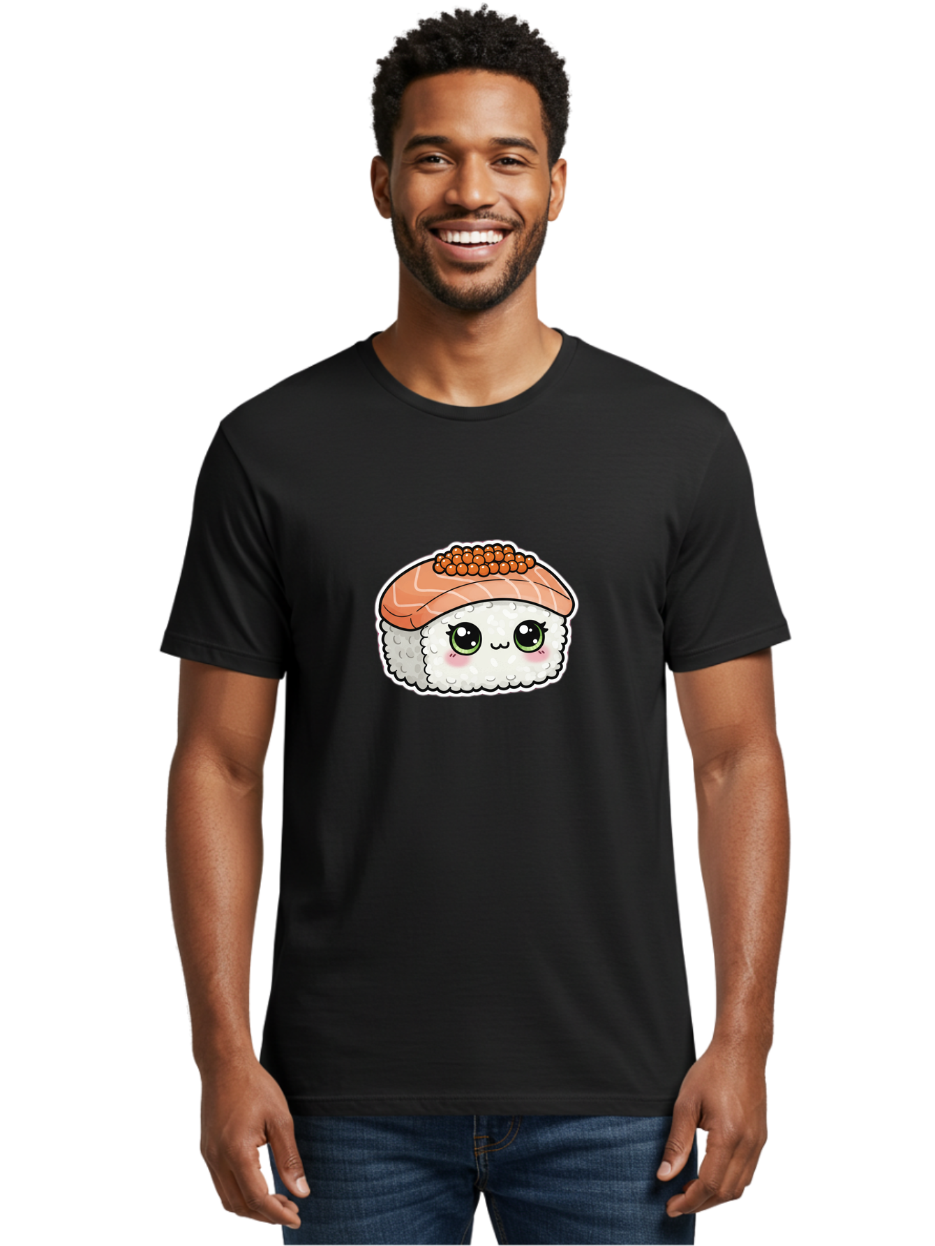 Salmon-Sushi-4 Men'S Graphic Tee, 100% Cotton, Comfortable Casual Summer Wear, Machine Washable, Kawaii Sushi, Cartoon Food, Caviar Sushi Roll, Japanese Cuisine, White Rice, Salmon Sashimi, Orange Caviar, Cute Illustration, Kawaii Food, Bad986