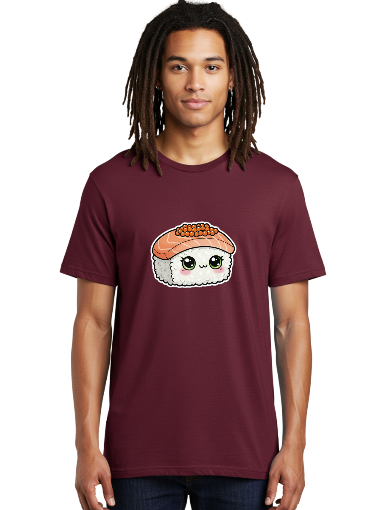 Salmon-Sushi-4 Men'S Graphic Tee, 100% Cotton, Comfortable Casual Summer Wear, Machine Washable, Kawaii Sushi, Cartoon Food, Caviar Sushi Roll, Japanese Cuisine, White Rice, Salmon Sashimi, Orange Caviar, Cute Illustration, Kawaii Food, Bad986