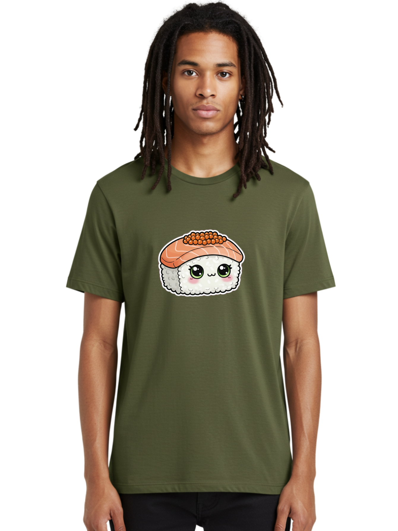 Salmon-Sushi-4 Men'S Graphic Tee, 100% Cotton, Comfortable Casual Summer Wear, Machine Washable, Kawaii Sushi, Cartoon Food, Caviar Sushi Roll, Japanese Cuisine, White Rice, Salmon Sashimi, Orange Caviar, Cute Illustration, Kawaii Food, Bad986