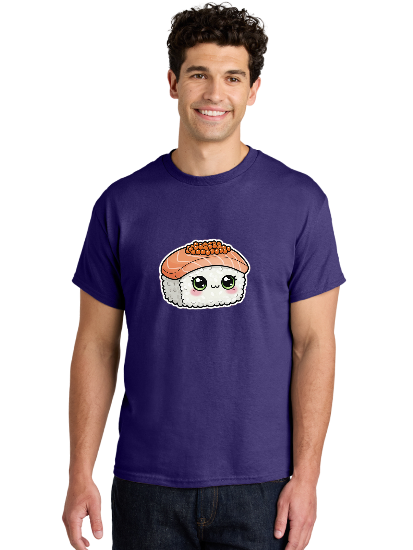 Salmon-Sushi-4 Men'S Graphic Tee, 100% Cotton, Comfortable Casual Summer Wear, Machine Washable, Kawaii Sushi, Cartoon Food, Caviar Sushi Roll, Japanese Cuisine, White Rice, Salmon Sashimi, Orange Caviar, Cute Illustration, Kawaii Food, Bad986