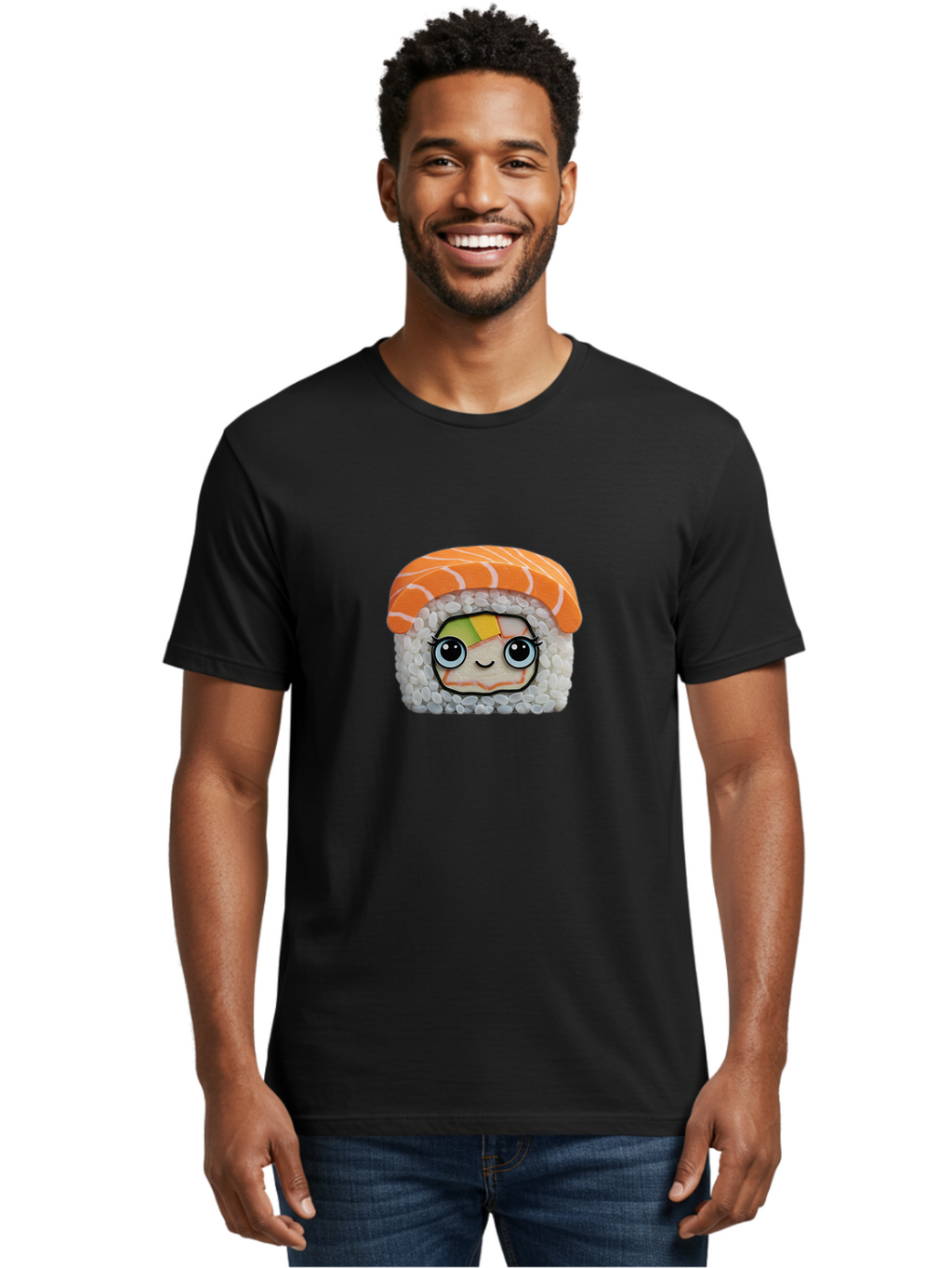 Salmon-Sushi-5 Men'S Graphic Tee, 100% Cotton, Comfortable Casual Summer Wear, Machine Washable, Cartoon Sushi, Kawaii Food, Sushi Character, Japanese Cuisine, Cute Anime, Food Illustration, Sushi Art, Orange Salmon Bad987