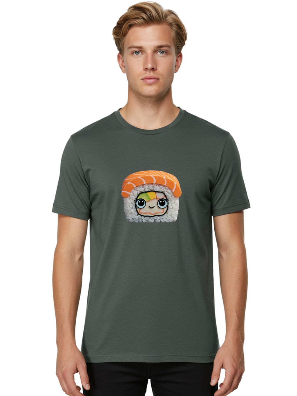 Salmon-Sushi-5 Men'S Graphic Tee, 100% Cotton, Comfortable Casual Summer Wear, Machine Washable, Cartoon Sushi, Kawaii Food, Sushi Character, Japanese Cuisine, Cute Anime, Food Illustration, Sushi Art, Orange Salmon Bad987