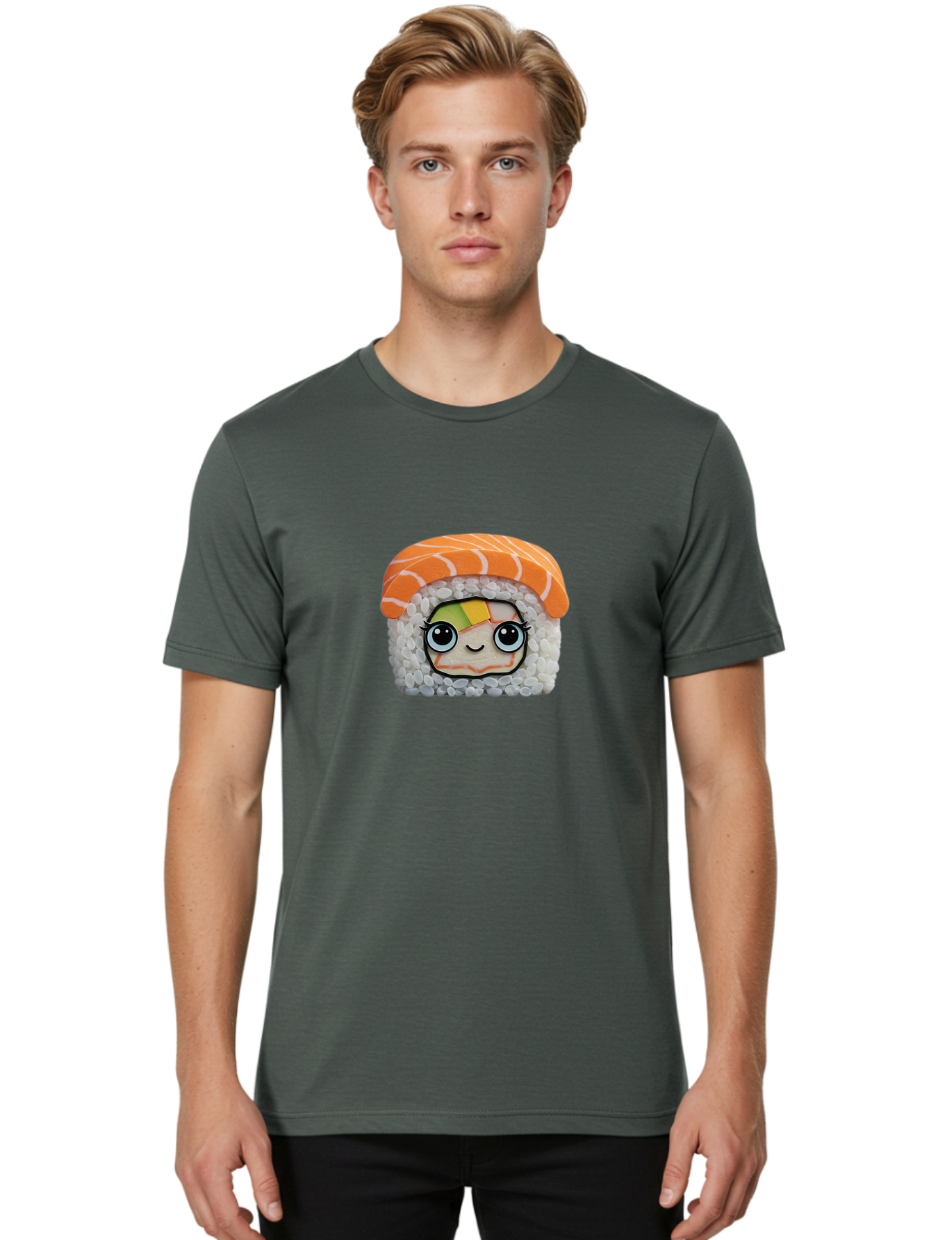 Salmon-Sushi-5 Men'S Graphic Tee, 100% Cotton, Comfortable Casual Summer Wear, Machine Washable, Cartoon Sushi, Kawaii Food, Sushi Character, Japanese Cuisine, Cute Anime, Food Illustration, Sushi Art, Orange Salmon Bad987