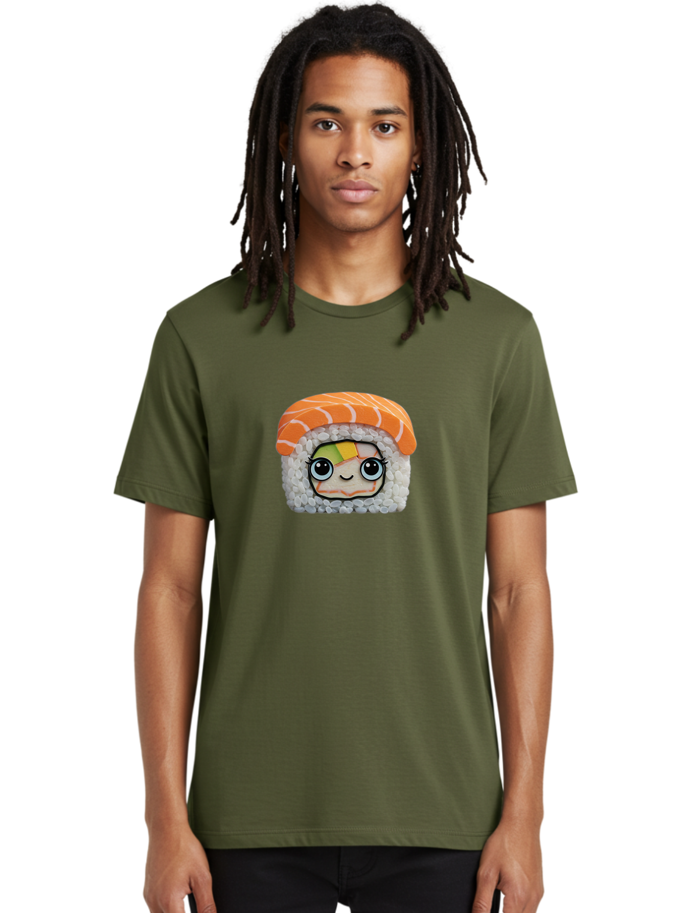 Salmon-Sushi-5 Men'S Graphic Tee, 100% Cotton, Comfortable Casual Summer Wear, Machine Washable, Cartoon Sushi, Kawaii Food, Sushi Character, Japanese Cuisine, Cute Anime, Food Illustration, Sushi Art, Orange Salmon Bad987