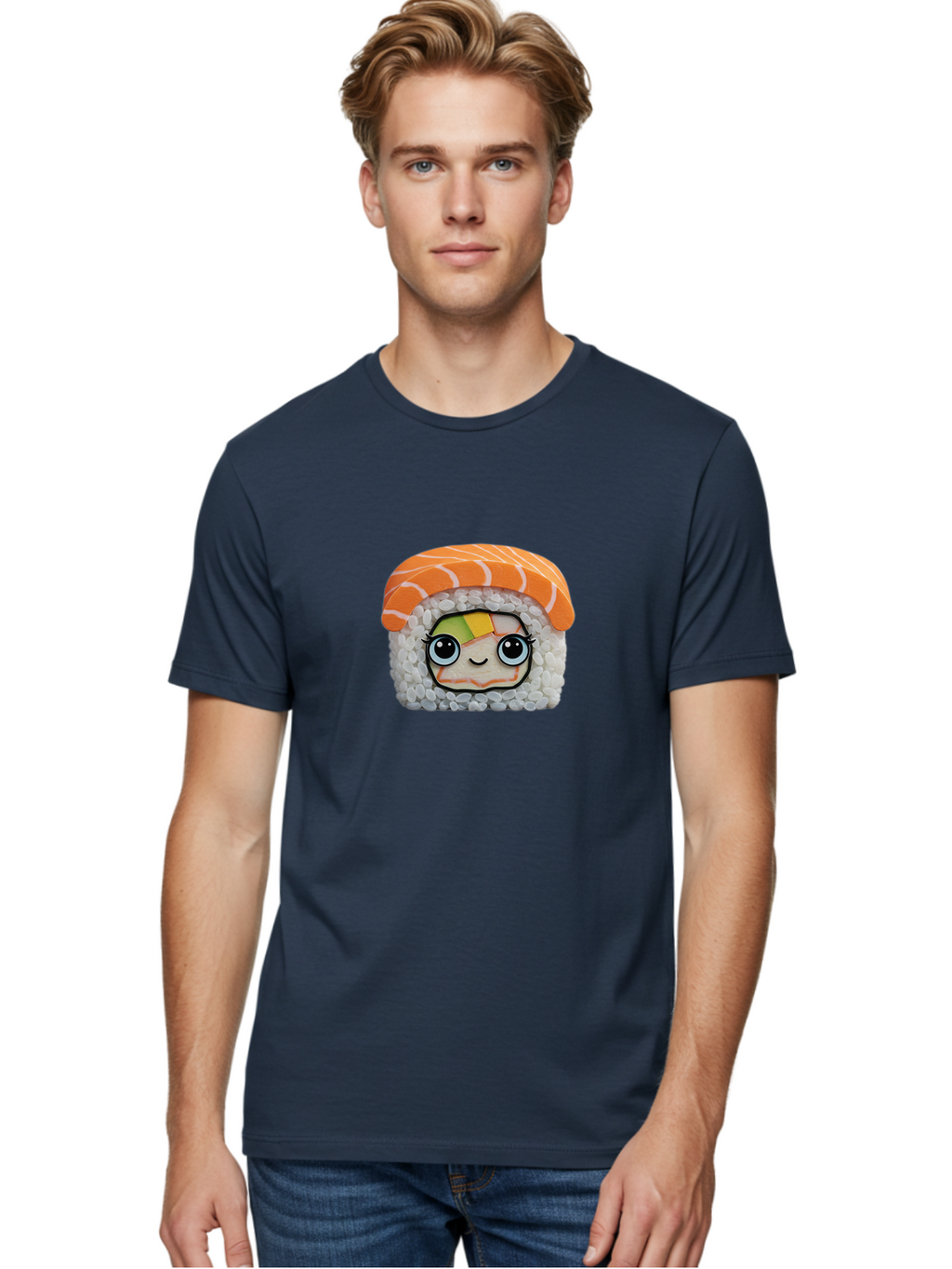 Salmon-Sushi-5 Men'S Graphic Tee, 100% Cotton, Comfortable Casual Summer Wear, Machine Washable, Cartoon Sushi, Kawaii Food, Sushi Character, Japanese Cuisine, Cute Anime, Food Illustration, Sushi Art, Orange Salmon Bad987