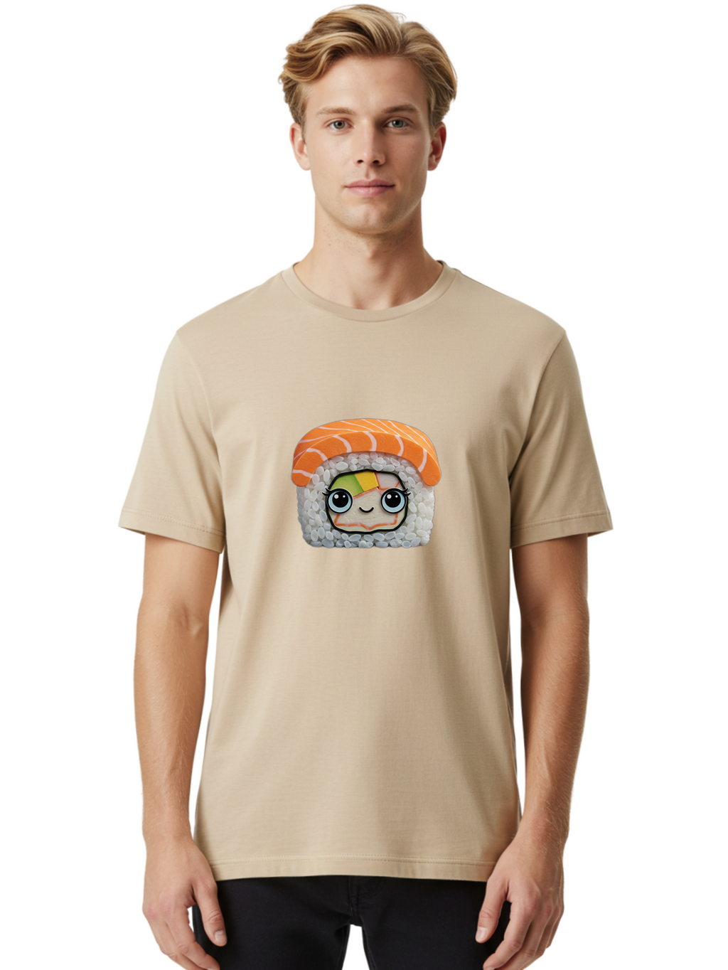 Salmon-Sushi-5 Men'S Graphic Tee, 100% Cotton, Comfortable Casual Summer Wear, Machine Washable, Cartoon Sushi, Kawaii Food, Sushi Character, Japanese Cuisine, Cute Anime, Food Illustration, Sushi Art, Orange Salmon Bad987