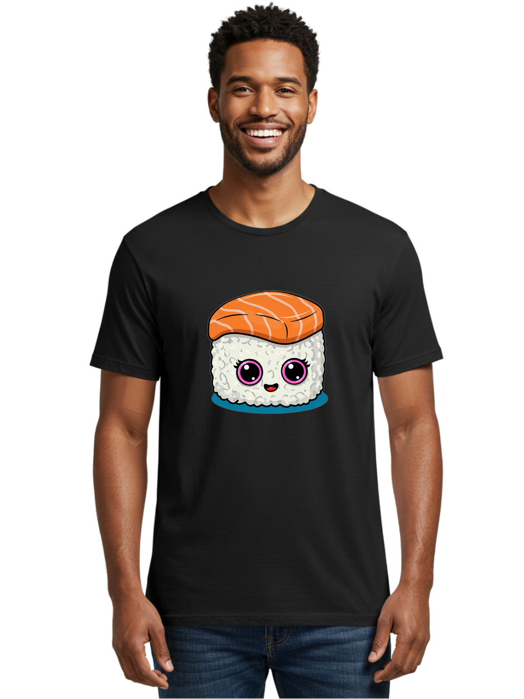 Salmon-Sushi Men'S Graphic Tee, 100% Cotton, Comfortable Casual Summer Wear, Machine Washable, Cartoon Sushi, Cute Sushi, Kawaii Food, Salmon Nigiri, Japanese Cuisine, Adorable Characters, Food Illustration, Sushi Art, Cartoon Character Design Bad988