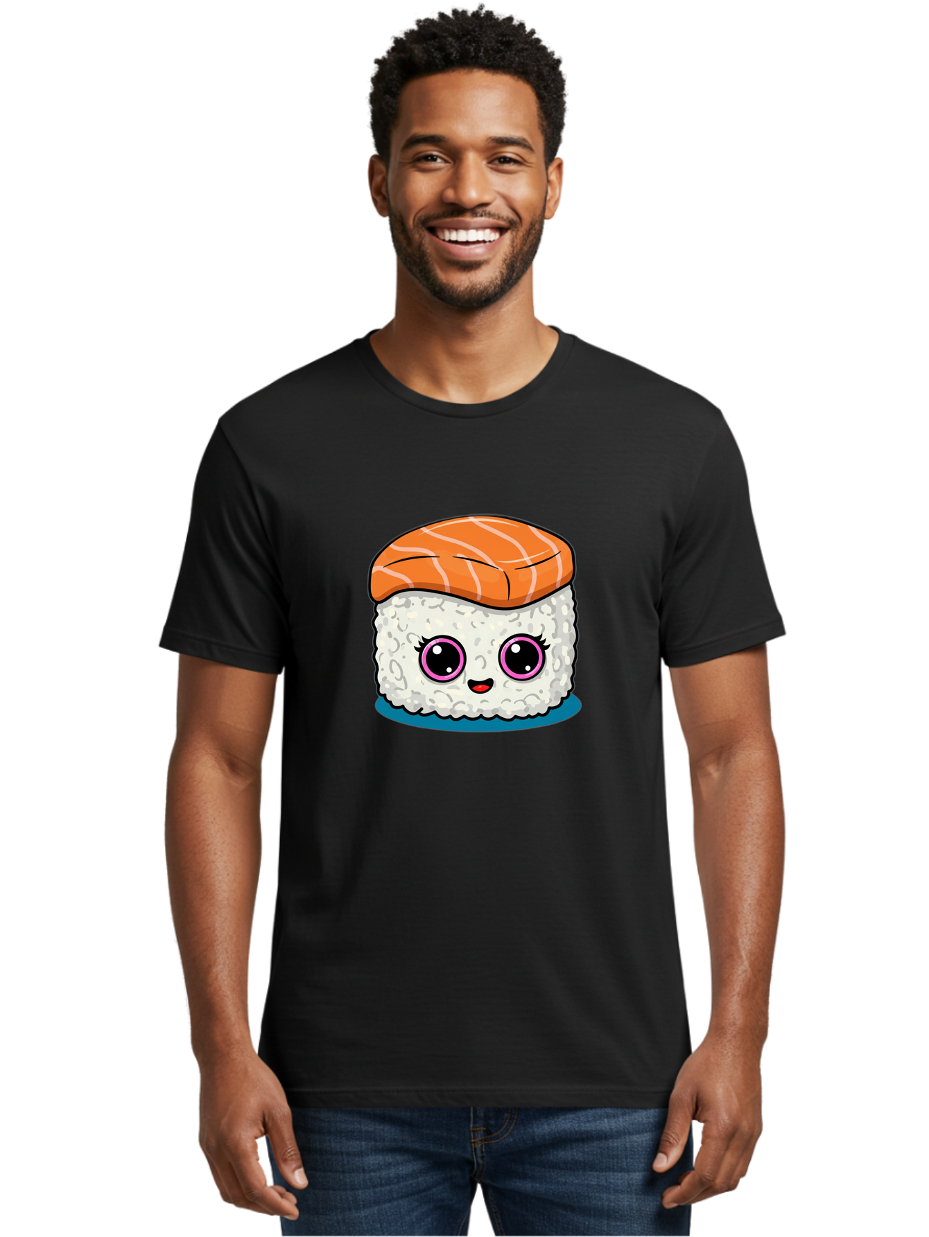 Salmon-Sushi Men'S Graphic Tee, 100% Cotton, Comfortable Casual Summer Wear, Machine Washable, Cartoon Sushi, Cute Sushi, Kawaii Food, Salmon Nigiri, Japanese Cuisine, Adorable Characters, Food Illustration, Sushi Art, Cartoon Character Design Bad988