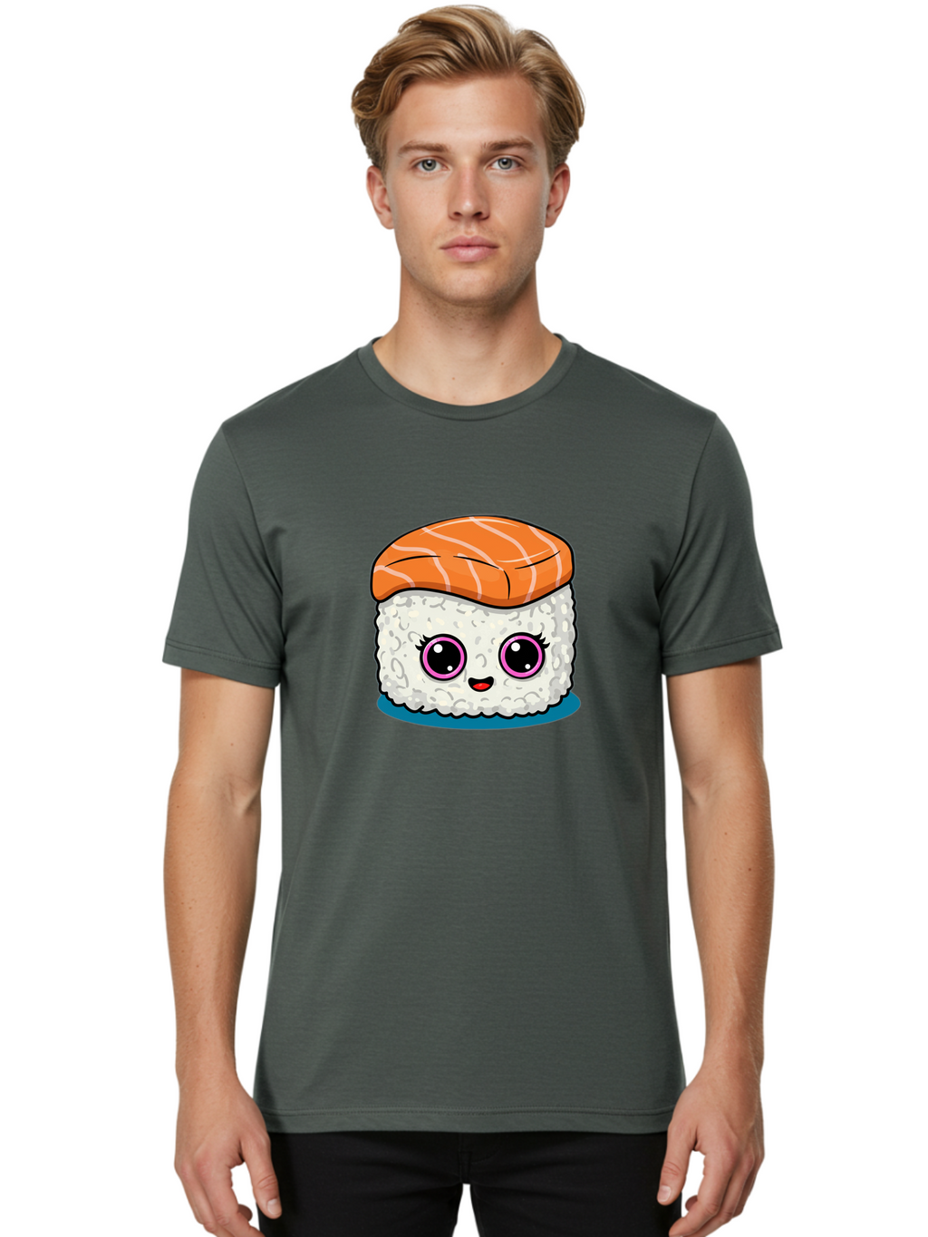 Salmon-Sushi Men'S Graphic Tee, 100% Cotton, Comfortable Casual Summer Wear, Machine Washable, Cartoon Sushi, Cute Sushi, Kawaii Food, Salmon Nigiri, Japanese Cuisine, Adorable Characters, Food Illustration, Sushi Art, Cartoon Character Design Bad988