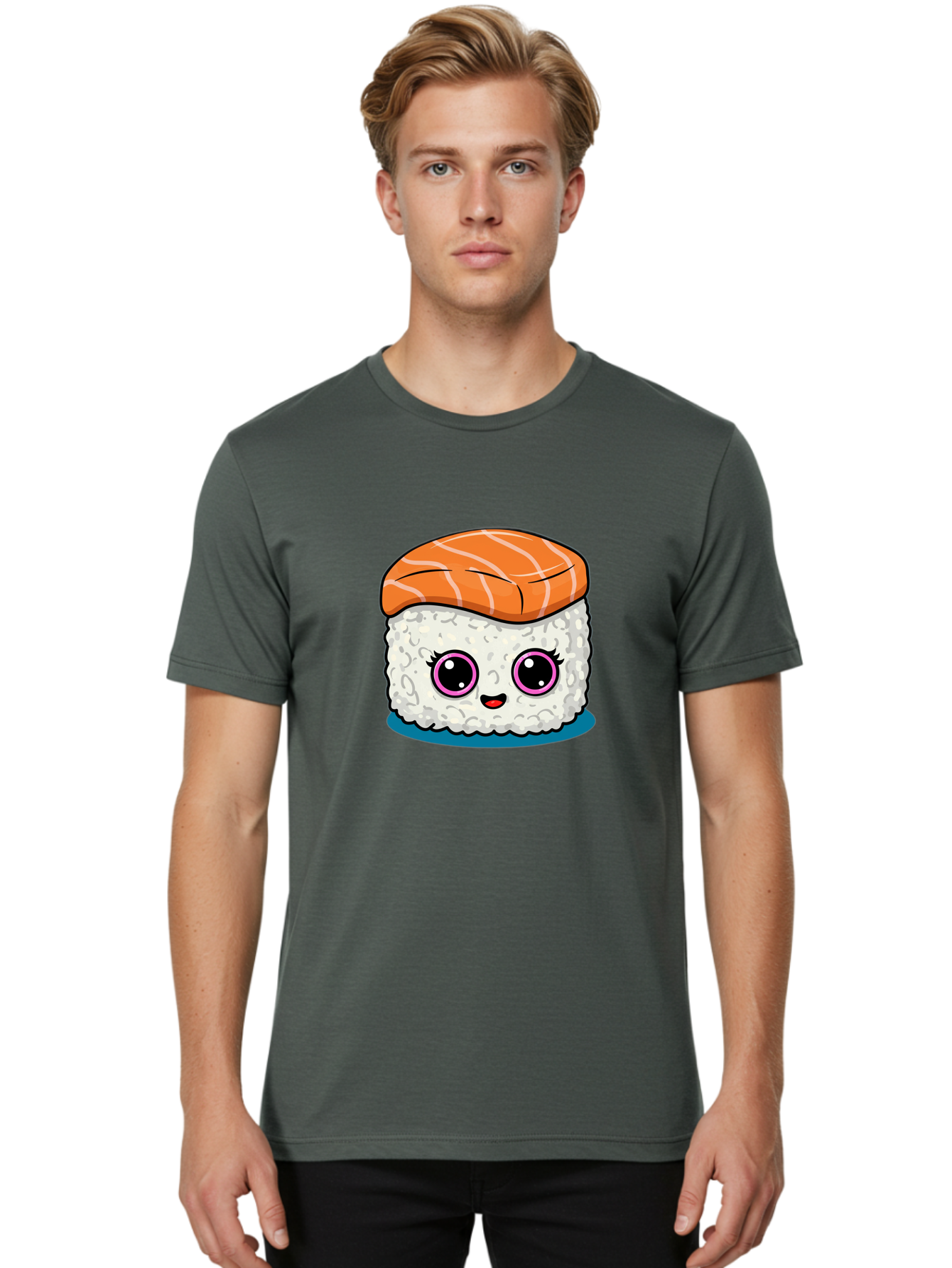 Salmon-Sushi Men'S Graphic Tee, 100% Cotton, Comfortable Casual Summer Wear, Machine Washable, Cartoon Sushi, Cute Sushi, Kawaii Food, Salmon Nigiri, Japanese Cuisine, Adorable Characters, Food Illustration, Sushi Art, Cartoon Character Design Bad988