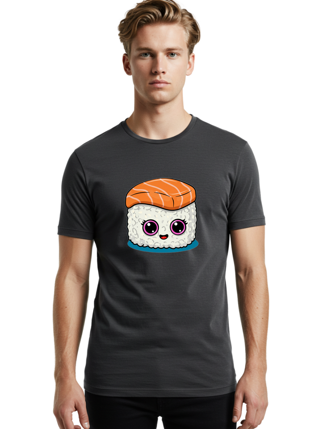 Salmon-Sushi Men'S Graphic Tee, 100% Cotton, Comfortable Casual Summer Wear, Machine Washable, Cartoon Sushi, Cute Sushi, Kawaii Food, Salmon Nigiri, Japanese Cuisine, Adorable Characters, Food Illustration, Sushi Art, Cartoon Character Design Bad988