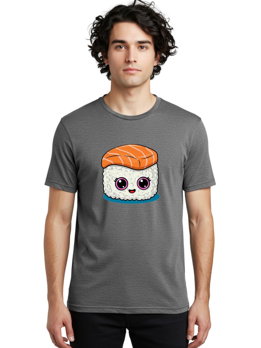 Salmon-Sushi Men'S Graphic Tee, 100% Cotton, Comfortable Casual Summer Wear, Machine Washable, Cartoon Sushi, Cute Sushi, Kawaii Food, Salmon Nigiri, Japanese Cuisine, Adorable Characters, Food Illustration, Sushi Art, Cartoon Character Design Bad988