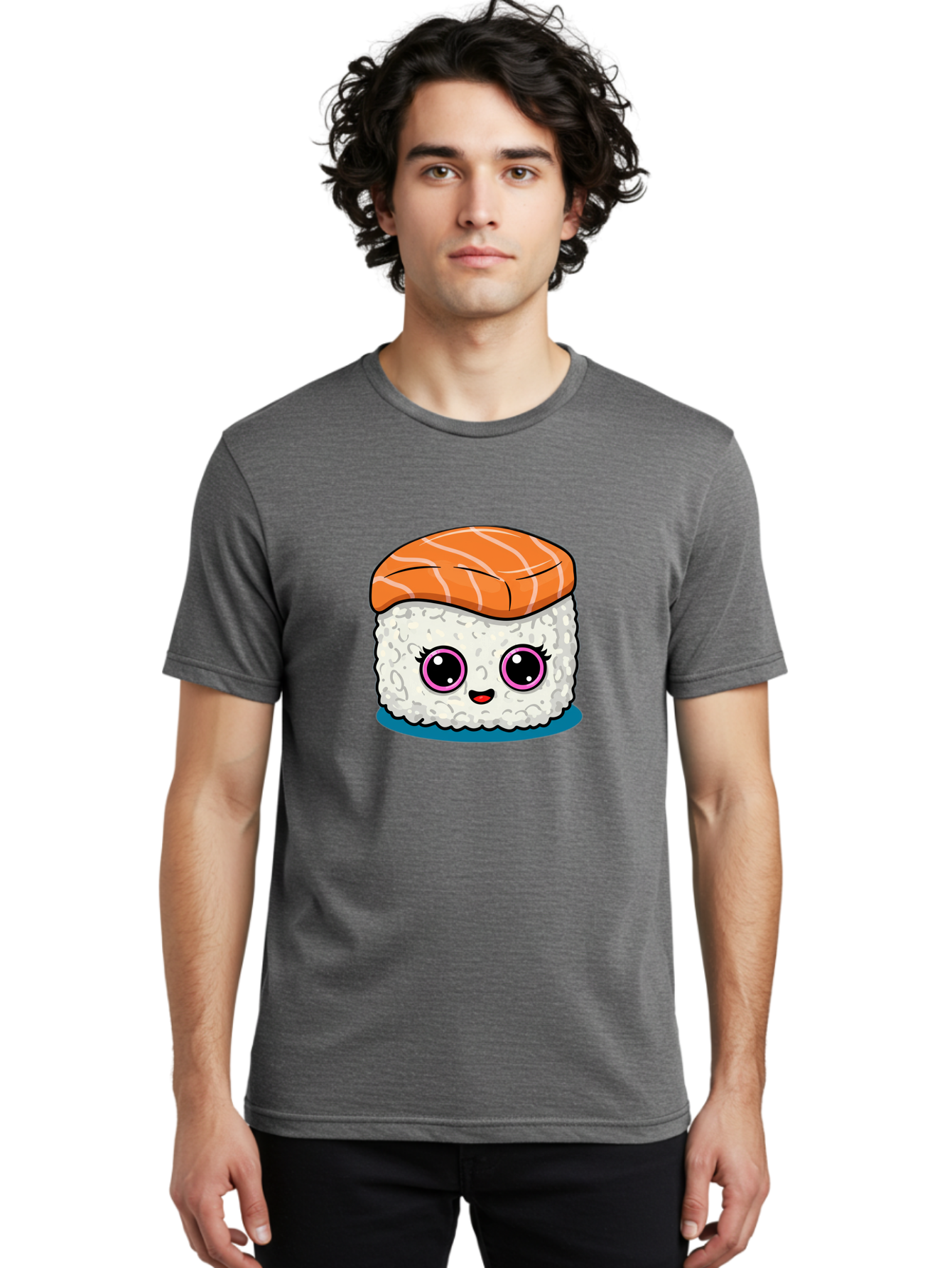 Salmon-Sushi Men'S Graphic Tee, 100% Cotton, Comfortable Casual Summer Wear, Machine Washable, Cartoon Sushi, Cute Sushi, Kawaii Food, Salmon Nigiri, Japanese Cuisine, Adorable Characters, Food Illustration, Sushi Art, Cartoon Character Design Bad988