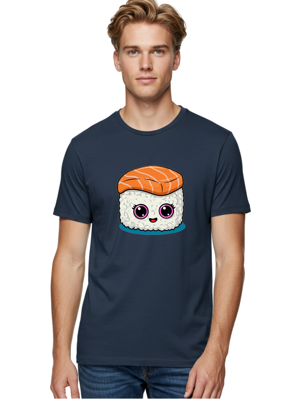 Salmon-Sushi Men'S Graphic Tee, 100% Cotton, Comfortable Casual Summer Wear, Machine Washable, Cartoon Sushi, Cute Sushi, Kawaii Food, Salmon Nigiri, Japanese Cuisine, Adorable Characters, Food Illustration, Sushi Art, Cartoon Character Design Bad988