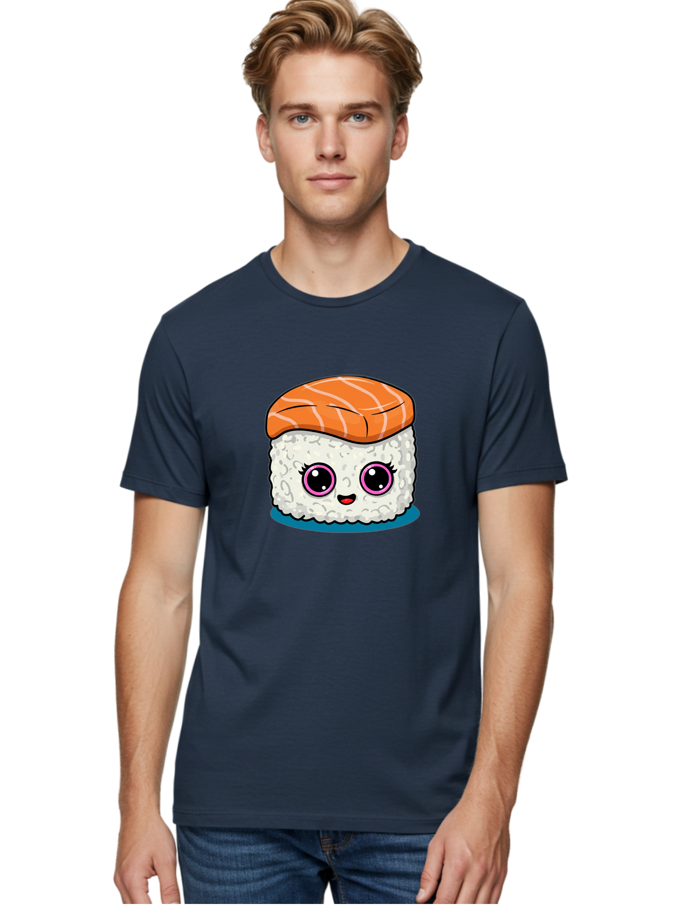 Salmon-Sushi Men'S Graphic Tee, 100% Cotton, Comfortable Casual Summer Wear, Machine Washable, Cartoon Sushi, Cute Sushi, Kawaii Food, Salmon Nigiri, Japanese Cuisine, Adorable Characters, Food Illustration, Sushi Art, Cartoon Character Design Bad988