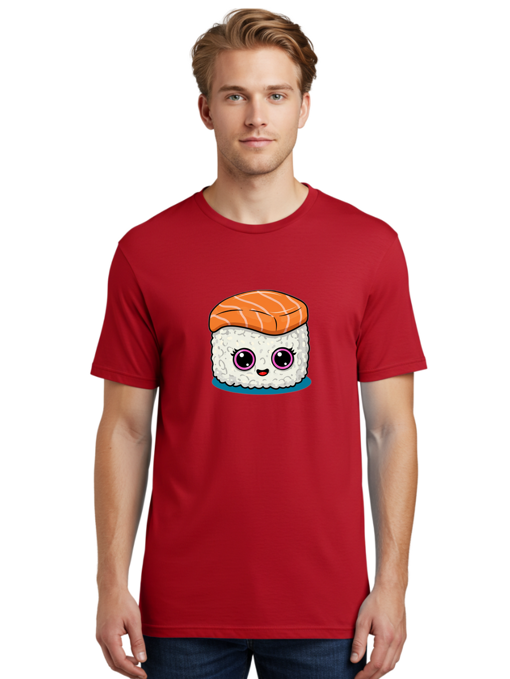 Salmon-Sushi Men'S Graphic Tee, 100% Cotton, Comfortable Casual Summer Wear, Machine Washable, Cartoon Sushi, Cute Sushi, Kawaii Food, Salmon Nigiri, Japanese Cuisine, Adorable Characters, Food Illustration, Sushi Art, Cartoon Character Design Bad988