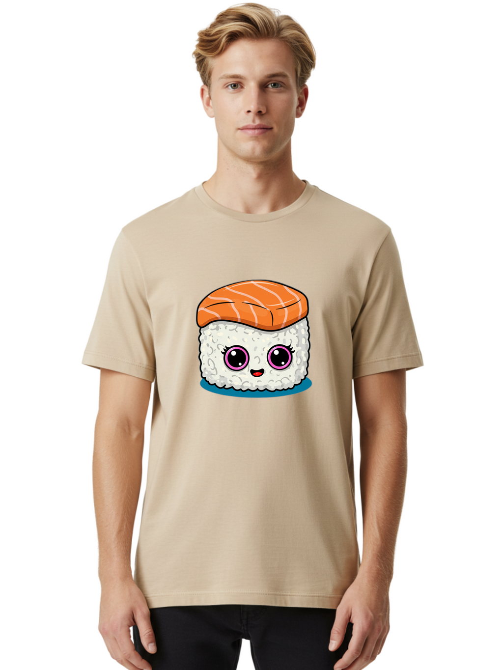 Salmon-Sushi Men'S Graphic Tee, 100% Cotton, Comfortable Casual Summer Wear, Machine Washable, Cartoon Sushi, Cute Sushi, Kawaii Food, Salmon Nigiri, Japanese Cuisine, Adorable Characters, Food Illustration, Sushi Art, Cartoon Character Design Bad988
