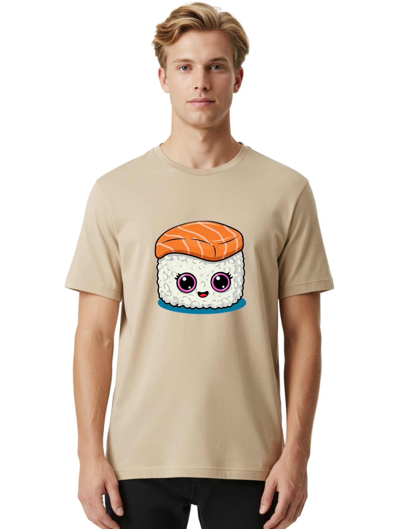 Salmon-Sushi Men'S Graphic Tee, 100% Cotton, Comfortable Casual Summer Wear, Machine Washable, Cartoon Sushi, Cute Sushi, Kawaii Food, Salmon Nigiri, Japanese Cuisine, Adorable Characters, Food Illustration, Sushi Art, Cartoon Character Design Bad988