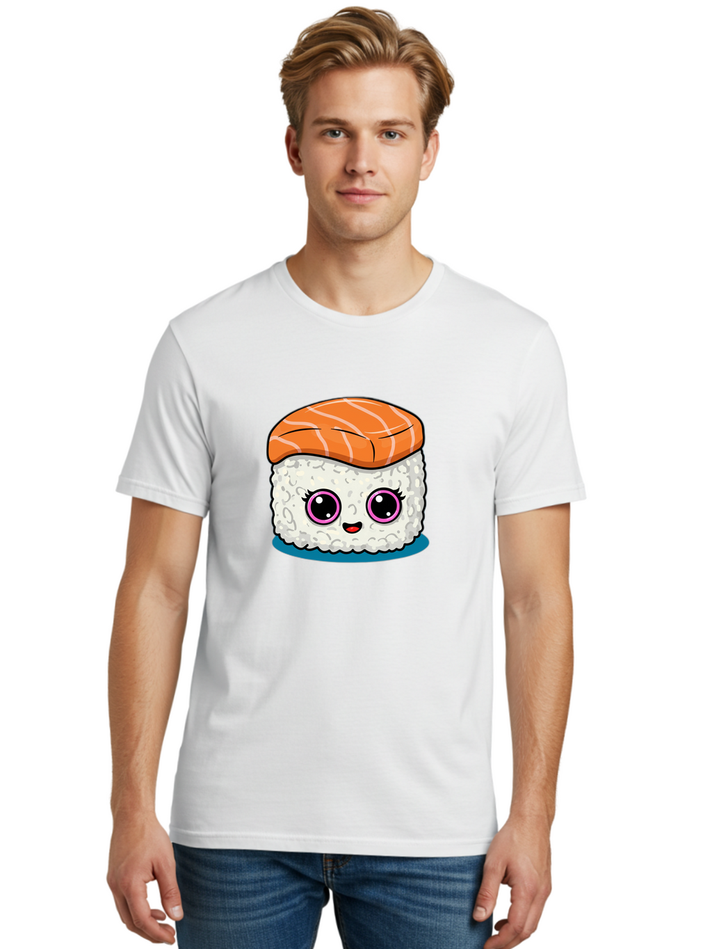 Salmon-Sushi Men'S Graphic Tee, 100% Cotton, Comfortable Casual Summer Wear, Machine Washable, Cartoon Sushi, Cute Sushi, Kawaii Food, Salmon Nigiri, Japanese Cuisine, Adorable Characters, Food Illustration, Sushi Art, Cartoon Character Design Bad988